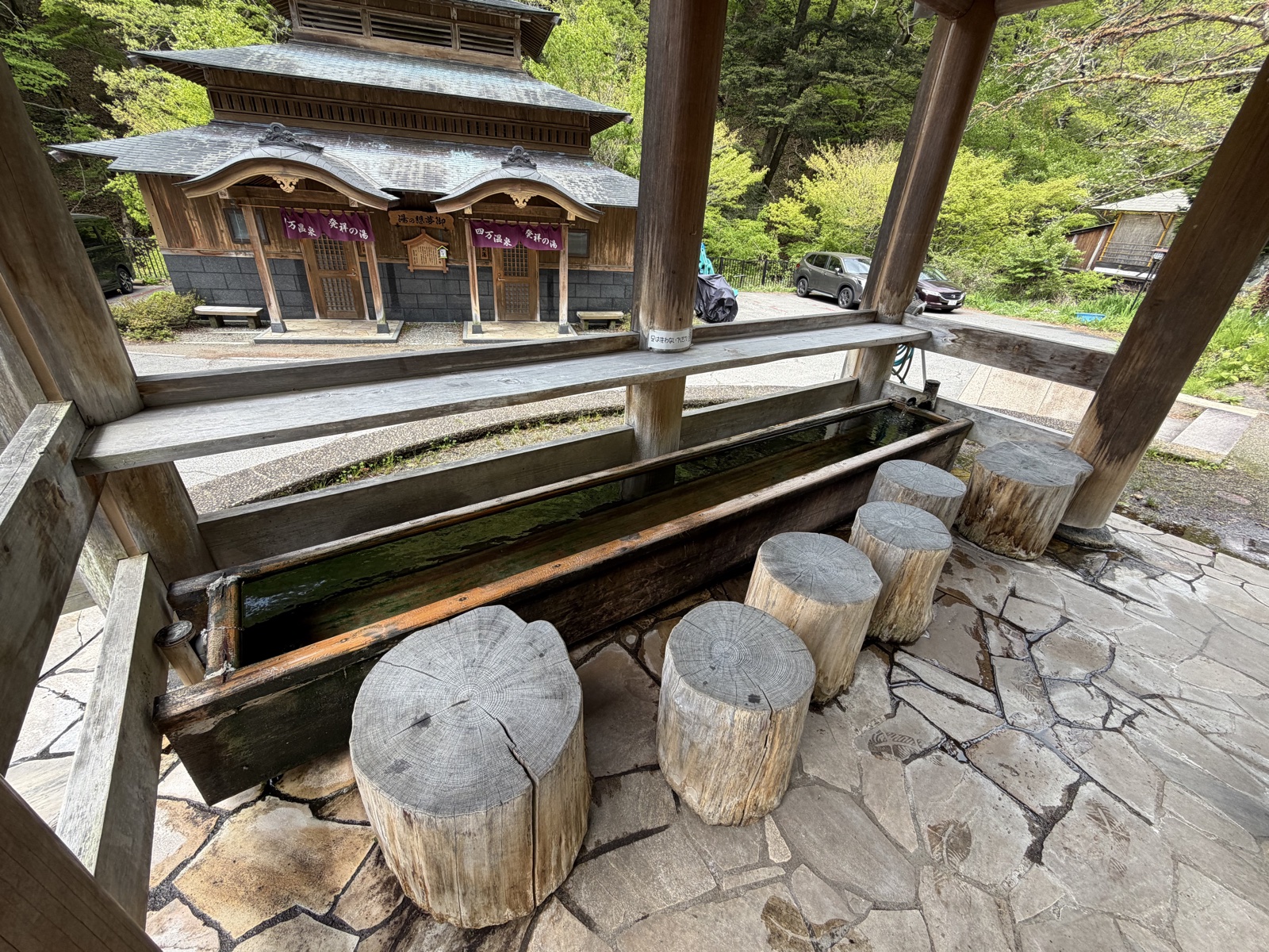 日向見薬師足湯・御夢想の湯を背景に