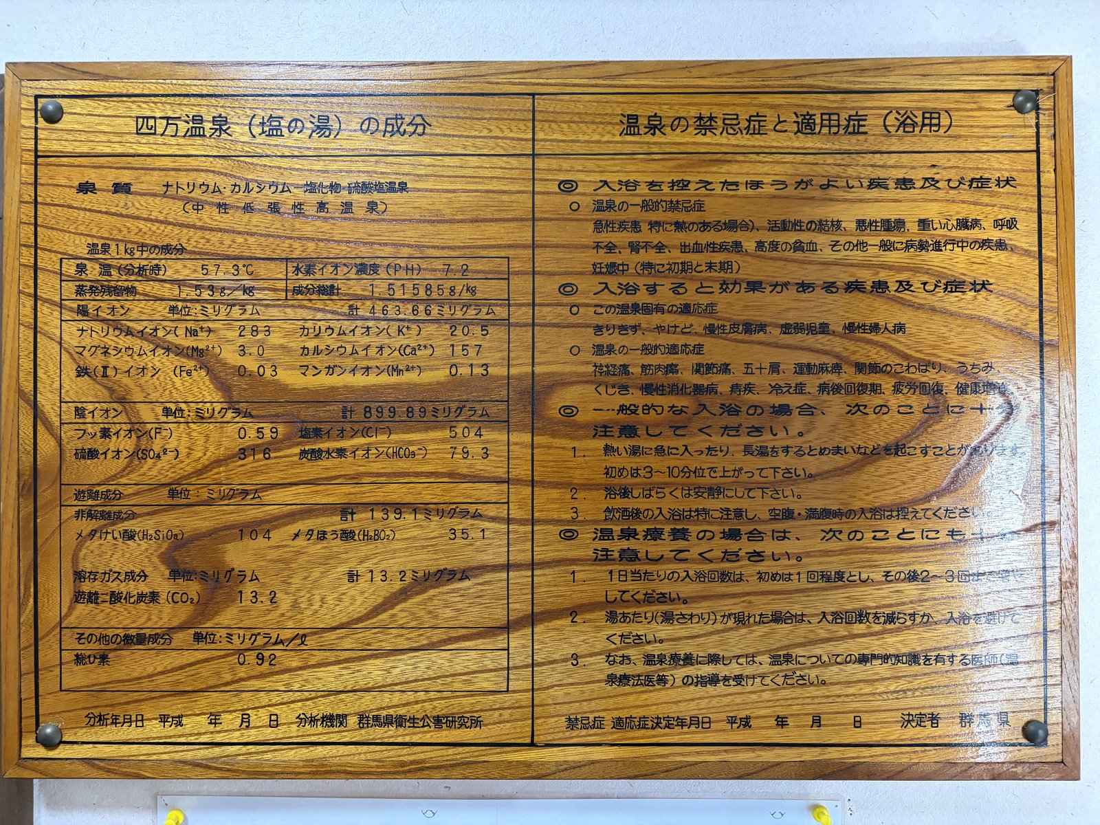 温泉成分分析書・塩の湯 / 簡易掲示表