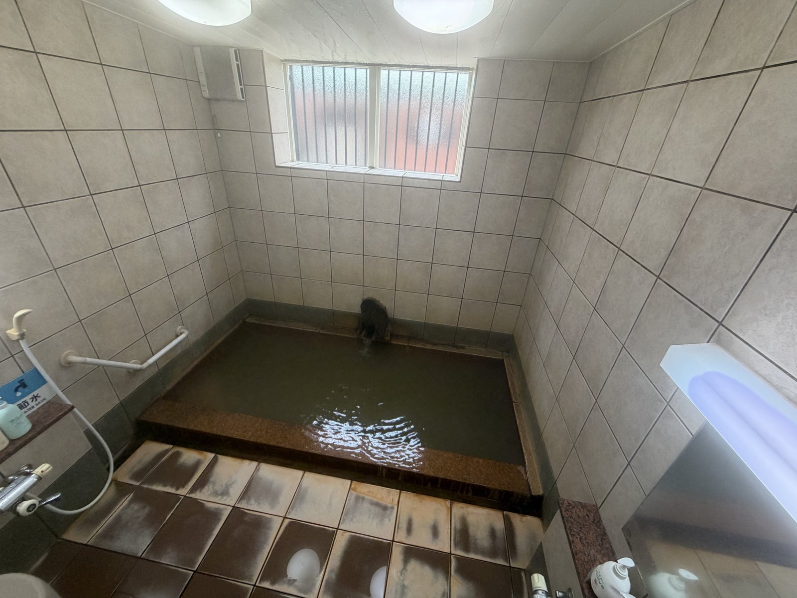浴室全景・茶色のにごり湯・ベージュタイル張り壁