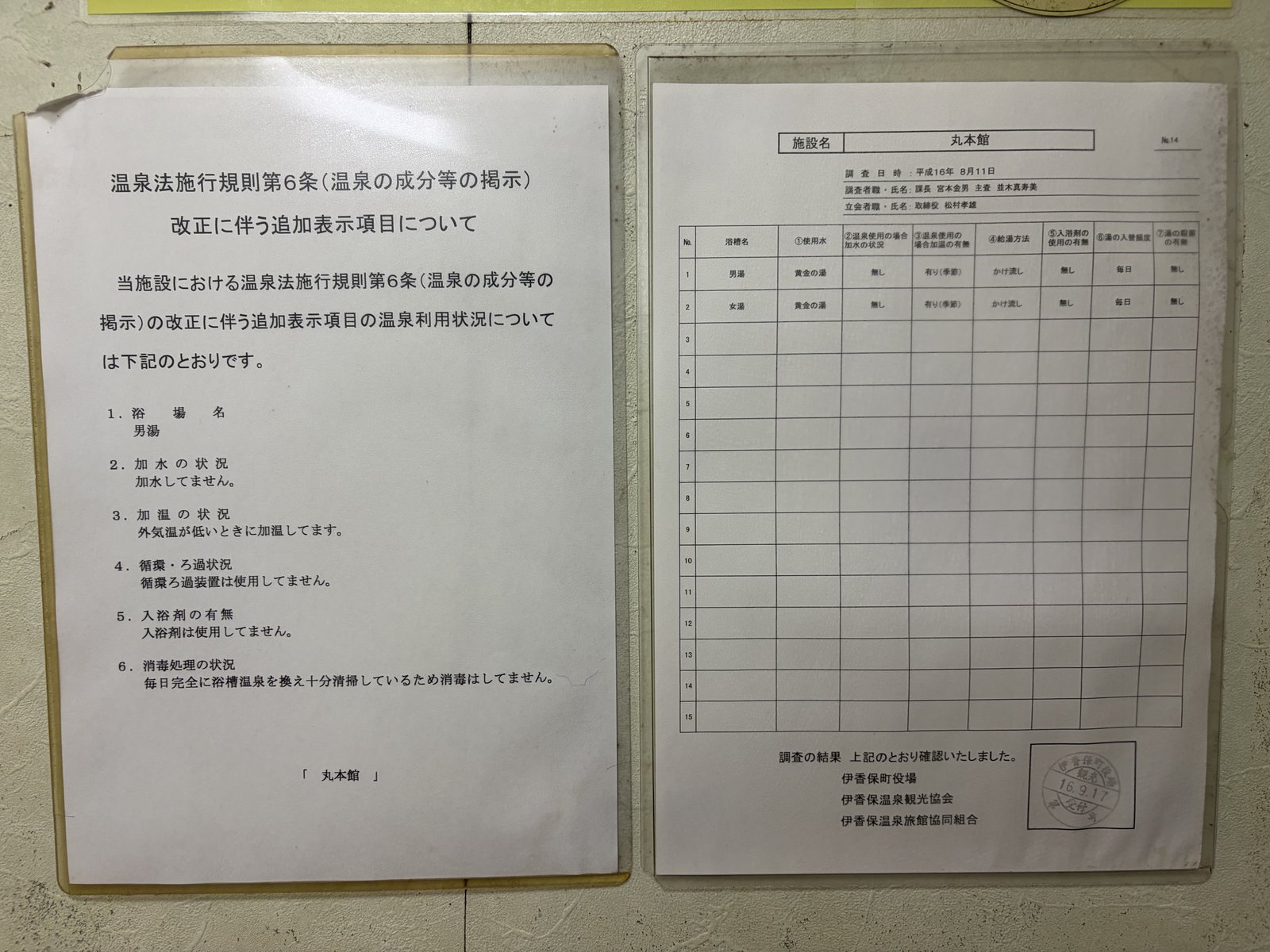 温泉法施行規則第6条 掲示・湯使い6項目すべて記載・施設名「丸本館」の公式分析証