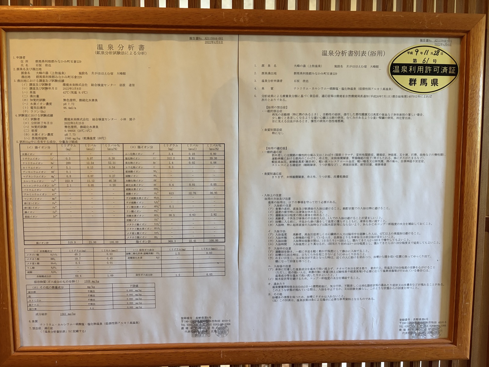 温泉分析書 全景・額装・分析書本体と別表が2枚並ぶ正面ショット