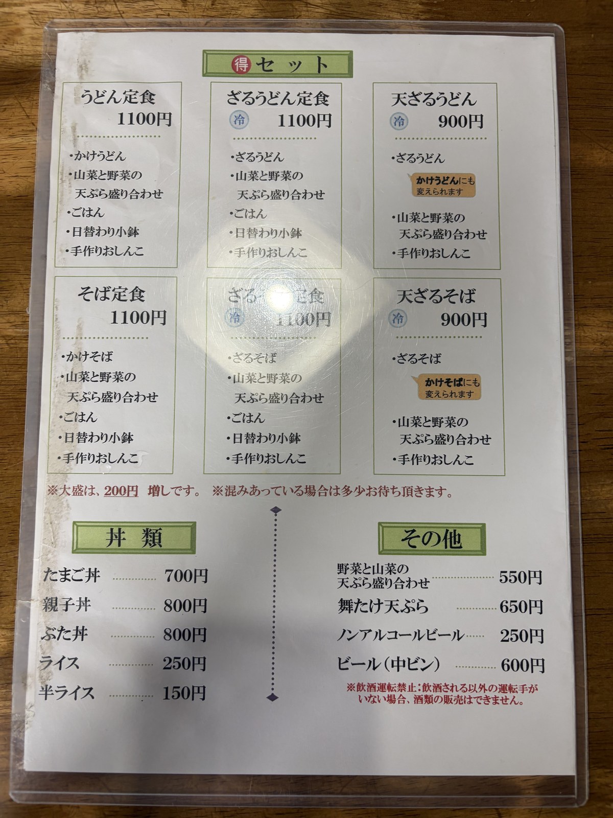 あずま茶屋 メニュー表(セット定食・丼・単品天ぷら)