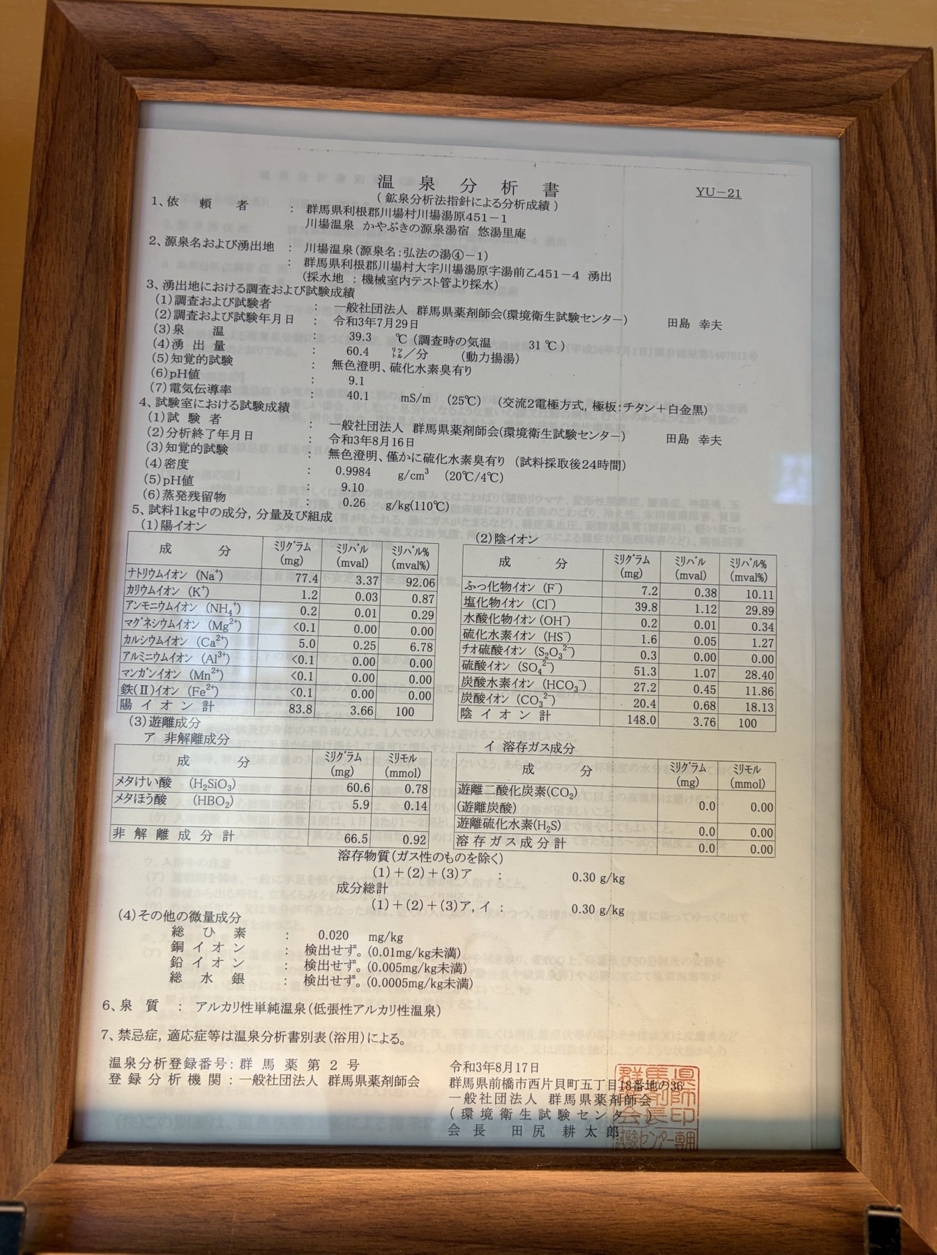 温泉分析書（源泉名・泉温・pH）