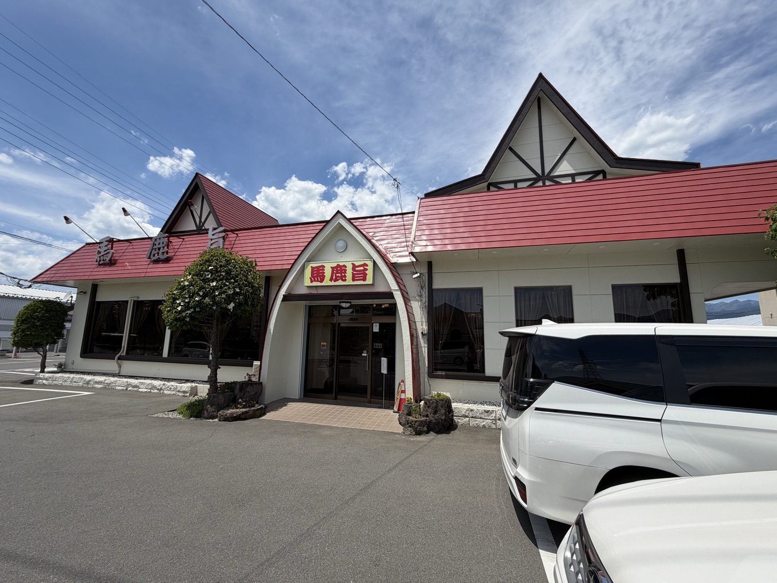 馬鹿旨 外観・赤い三角屋根と看板