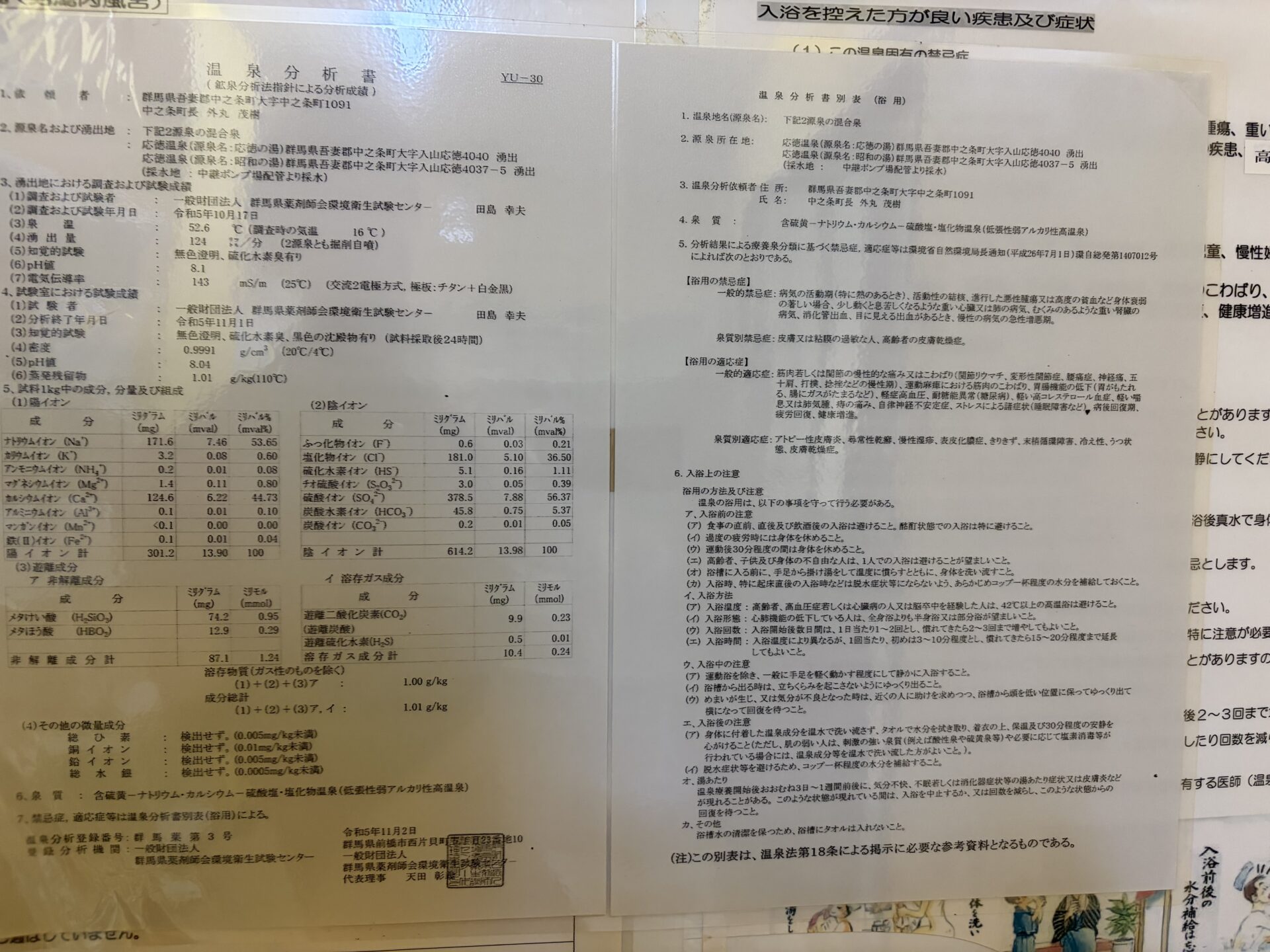 応徳温泉の温泉分析書(令和5年・pH8.1・含硫黄泉)