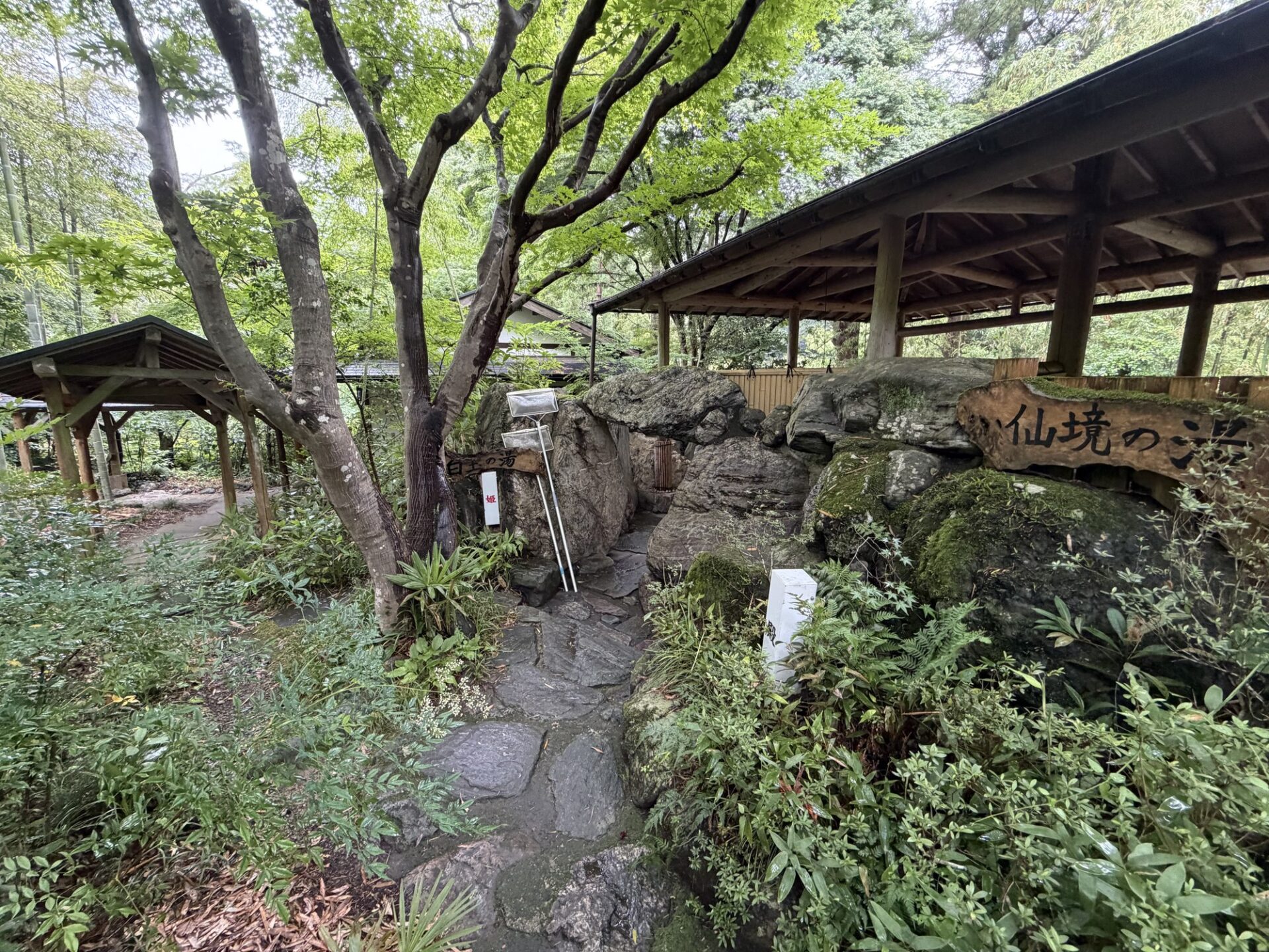 「仙境の湯」の岩組みと東屋・露天入口あたり