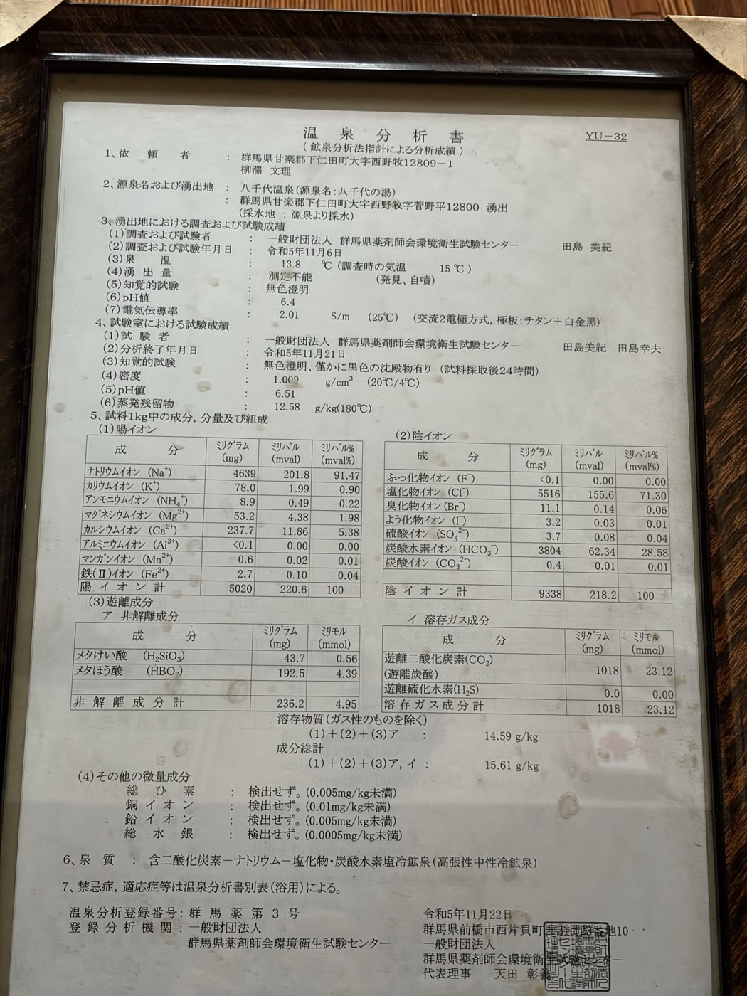 浴室に掲示された温泉分析書（成分表）