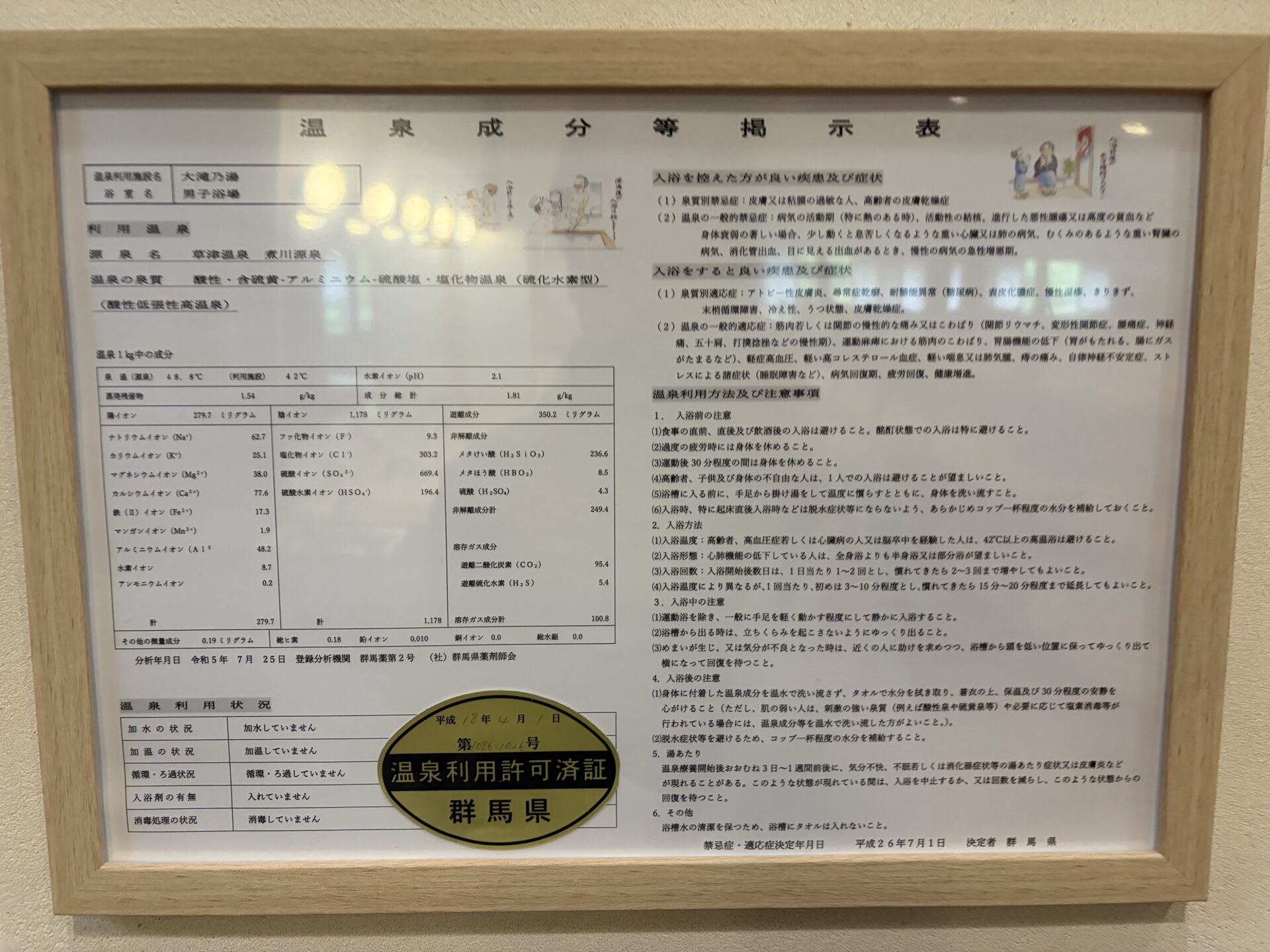煮川源泉の温泉成分等掲示表。pH2.1、源泉48.5℃