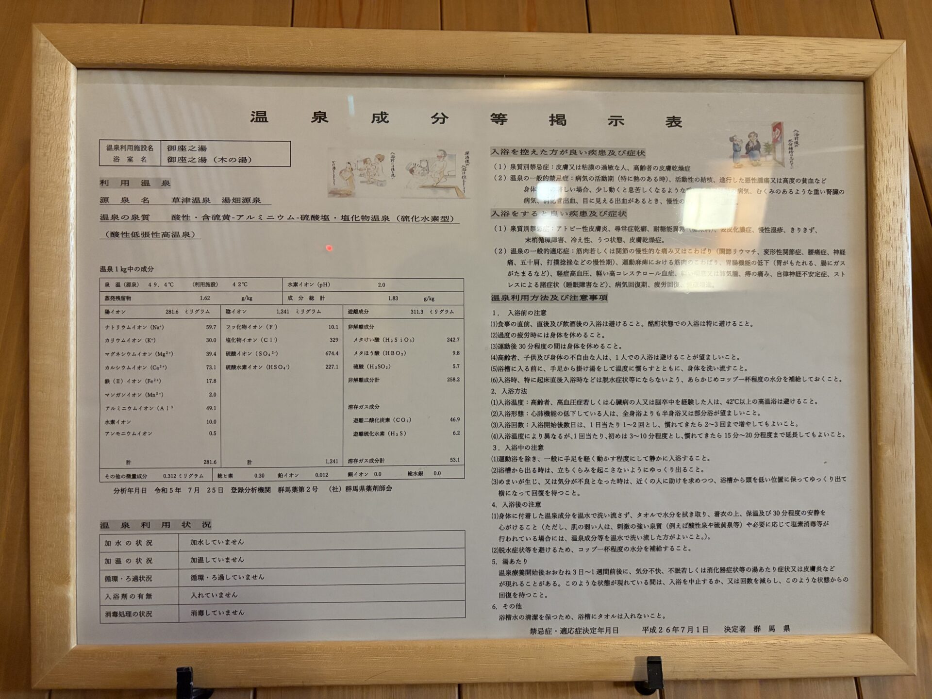 温泉成分等掲示表（湯畑源泉）。加水・加温・循環・入浴剤・消毒すべて「なし」