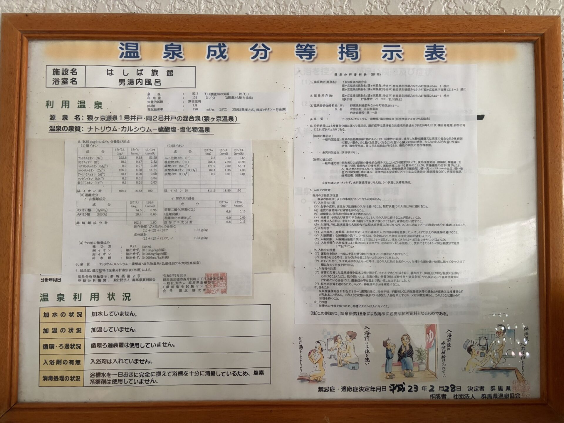 温泉成分等掲示表。加水・加温・循環・消毒すべて「なし」