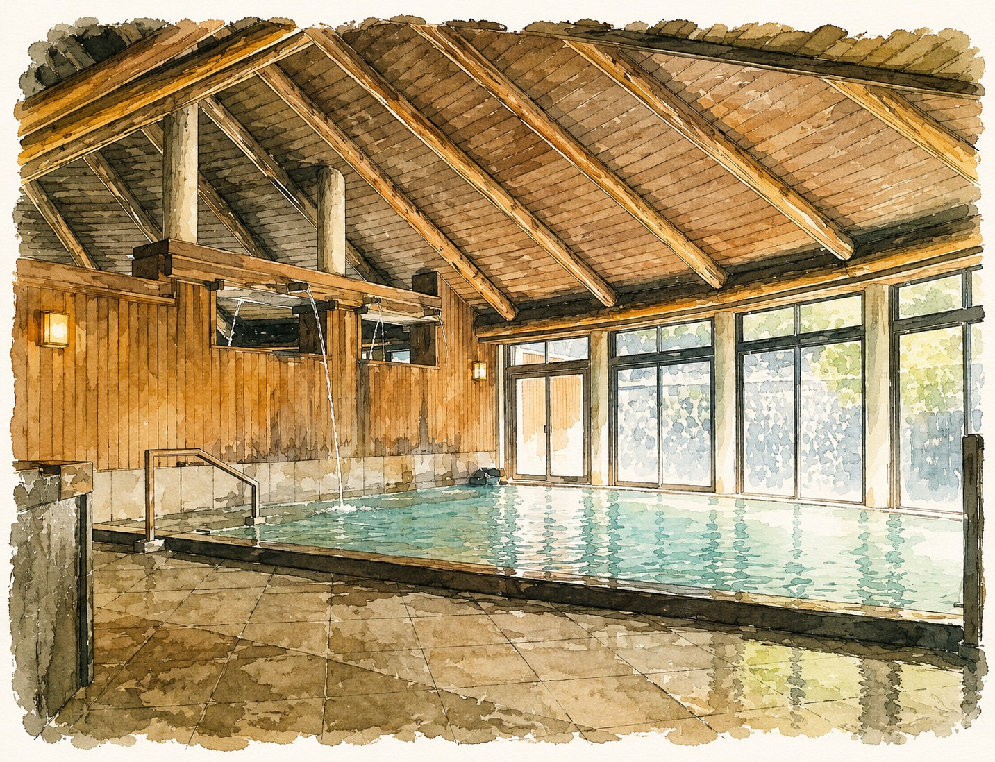 イメージイラスト：打たせ湯のある内湯の雰囲気（実際の浴室とは異なります）