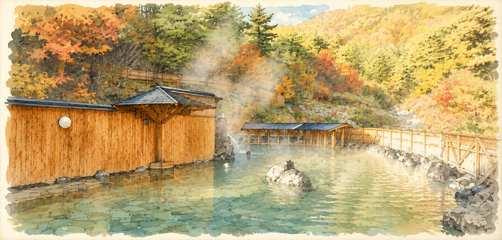 西の河原露天風呂のイメージイラスト。実際の浴室の写真ではなく、広さと雰囲気を伝えるためのイメージ図です