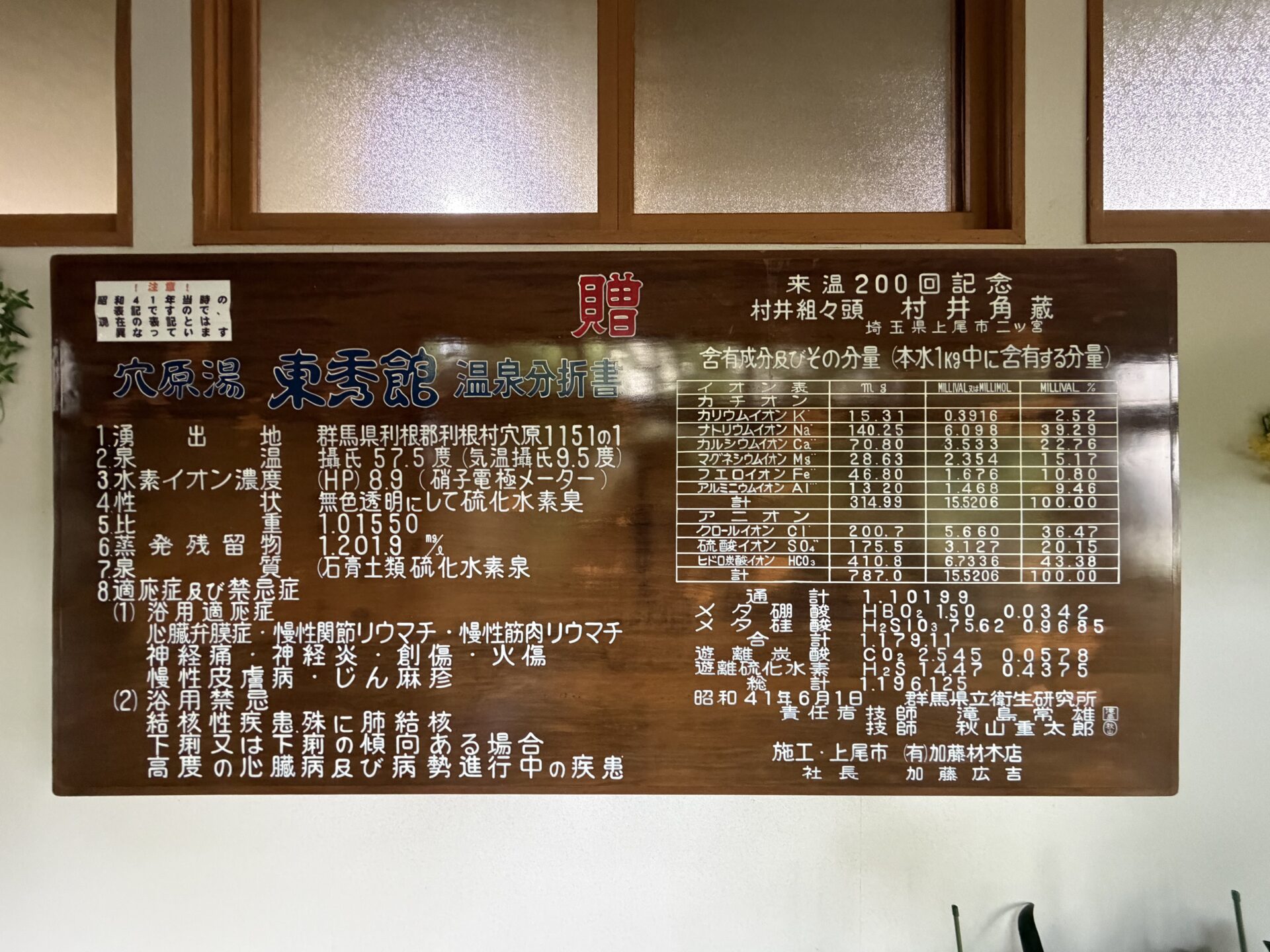 館内に飾られた昭和41年の旧温泉分析書。泉質「石膏土類硫化水素泉」の記載。現在の成分とは異なる旨の注記つき