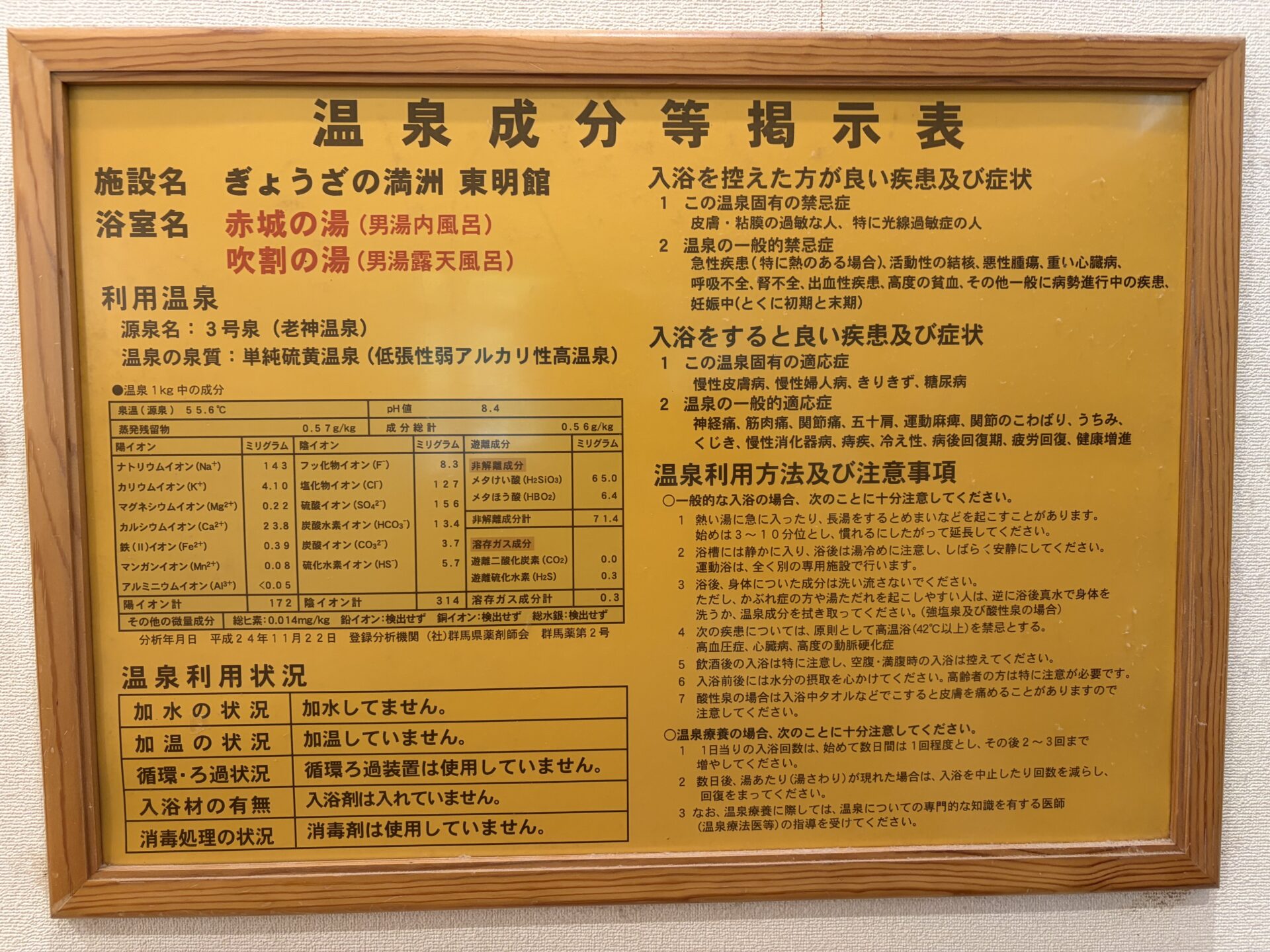浴室の温泉成分等掲示表。源泉名3号泉、単純硫黄温泉、加水加温循環消毒なしの記載