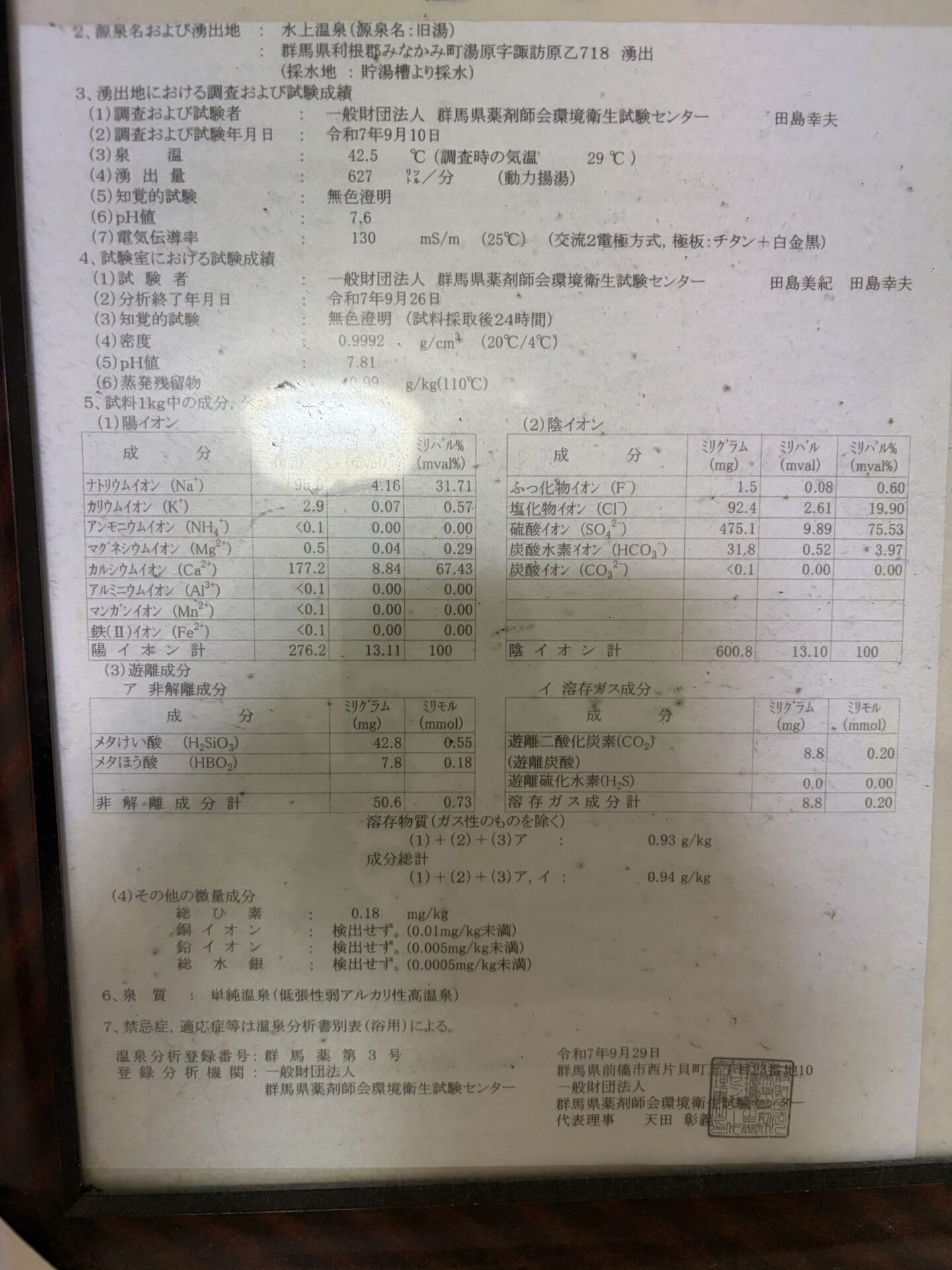 温泉成分等掲示表(令和7年9月)。右下が加水・加温なし/循環・消毒なしの利用状況欄