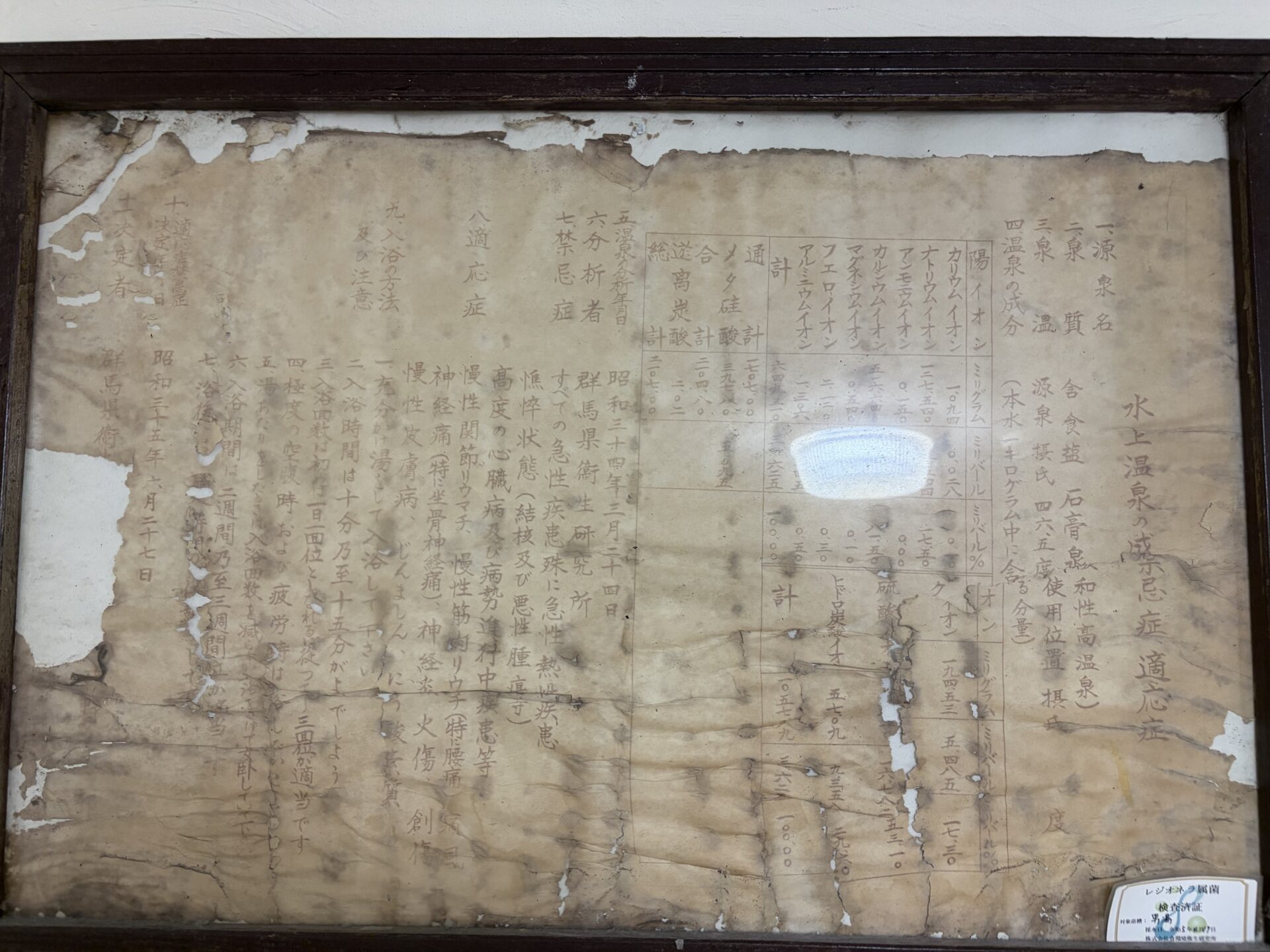昭和三十年代の古い成分掲示(含食塩石膏泉の表記)