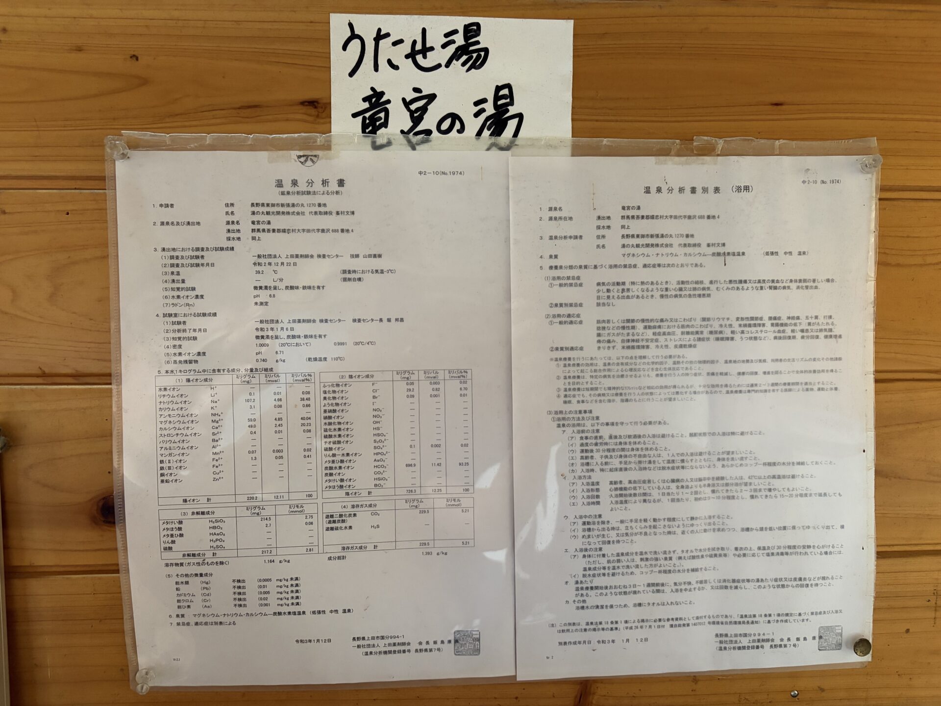 竜宮の湯（うたせ湯）の温泉分析書。「微濁を呈し、炭酸味・鉄味を有す」と記される
