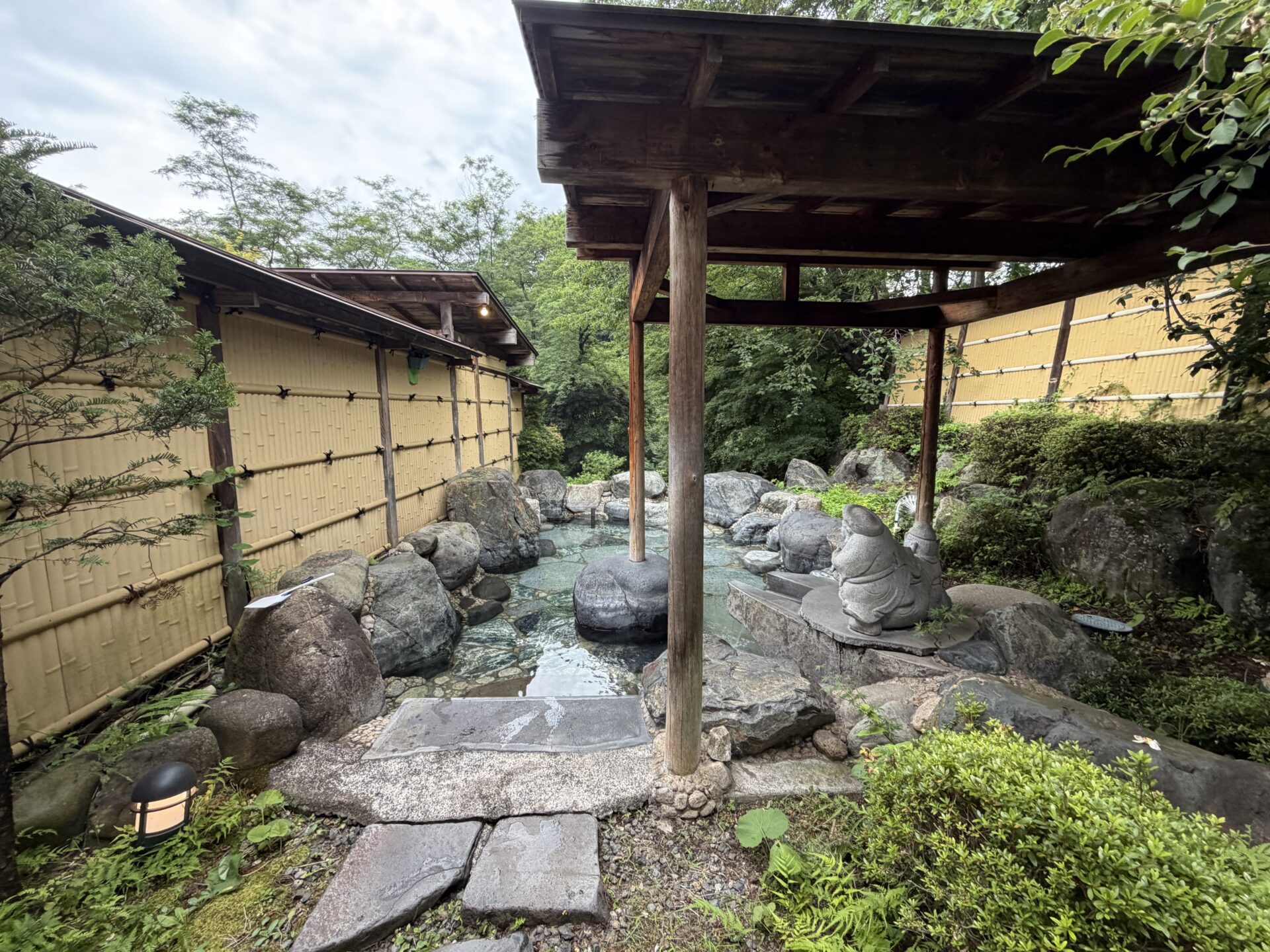 ささの湯の露天風呂。屋根付きの岩風呂で、正面に恵比寿・大黒らしき石像。竹垣に囲まれ緑が濃い