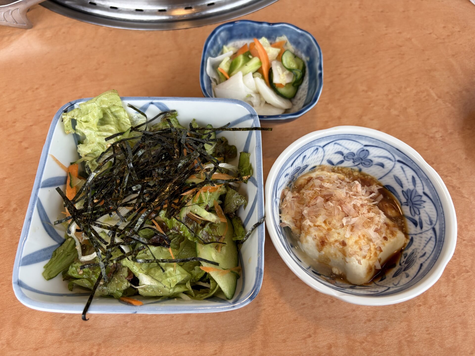 先発隊。刻み海苔のあおぞらサラダ、自家製お漬物、かつお節ののった手造り豆腐