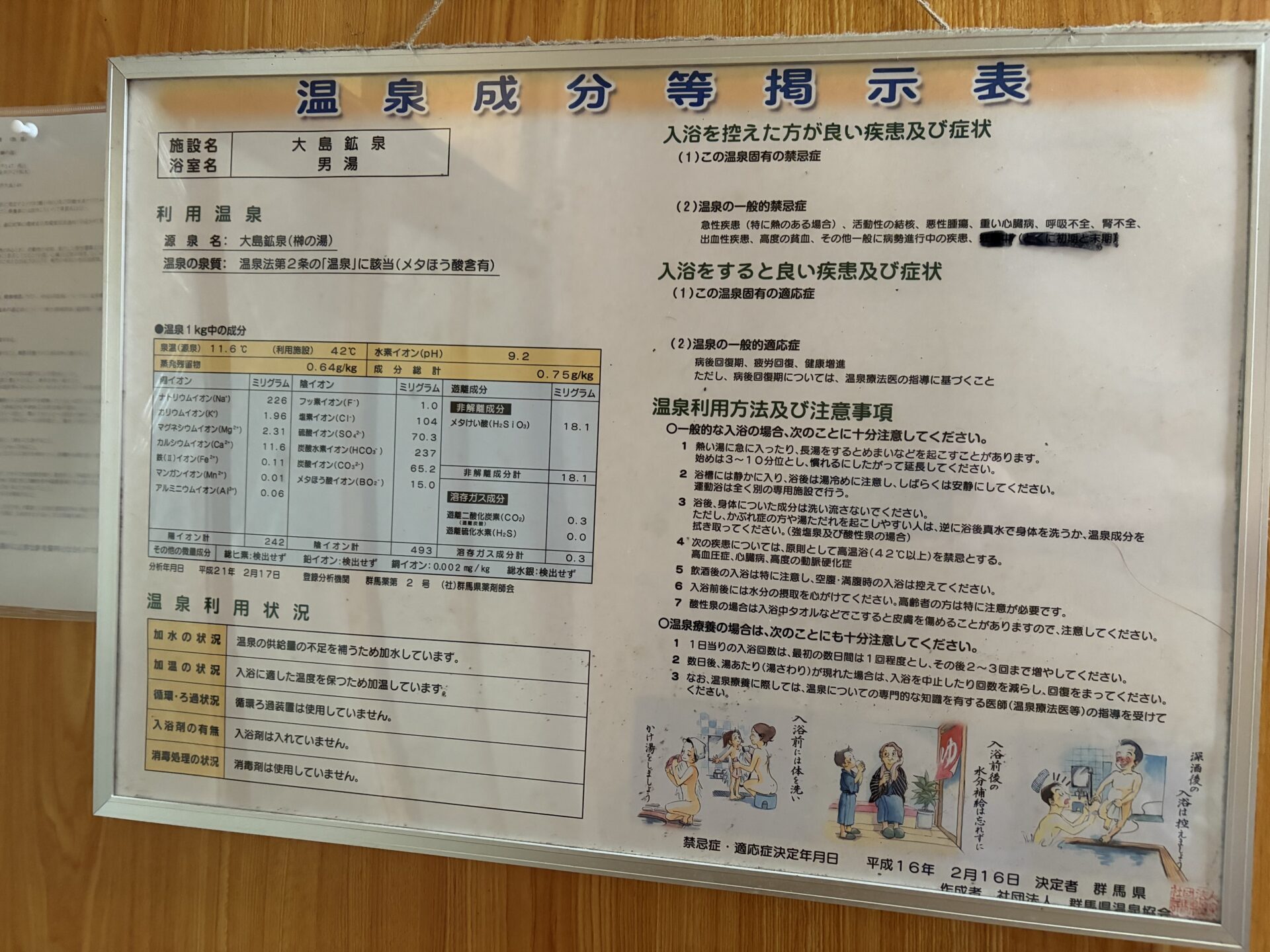 浴室に掲げられた温泉成分等掲示表。加水・加温「あり」、循環ろ過・消毒剤「なし」と明記されている