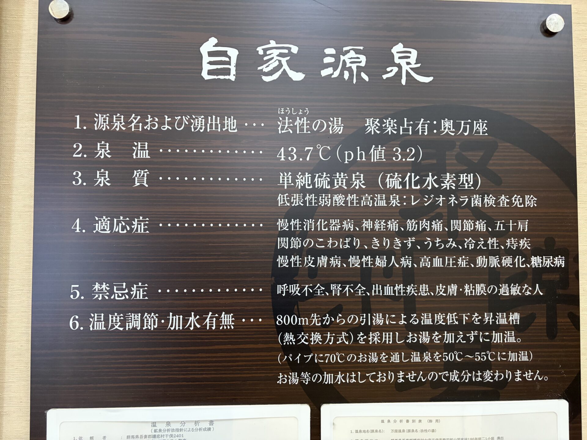 浴室の「自家源泉」掲示。源泉名・泉質・遊離硫化水素・湯づかいが記載