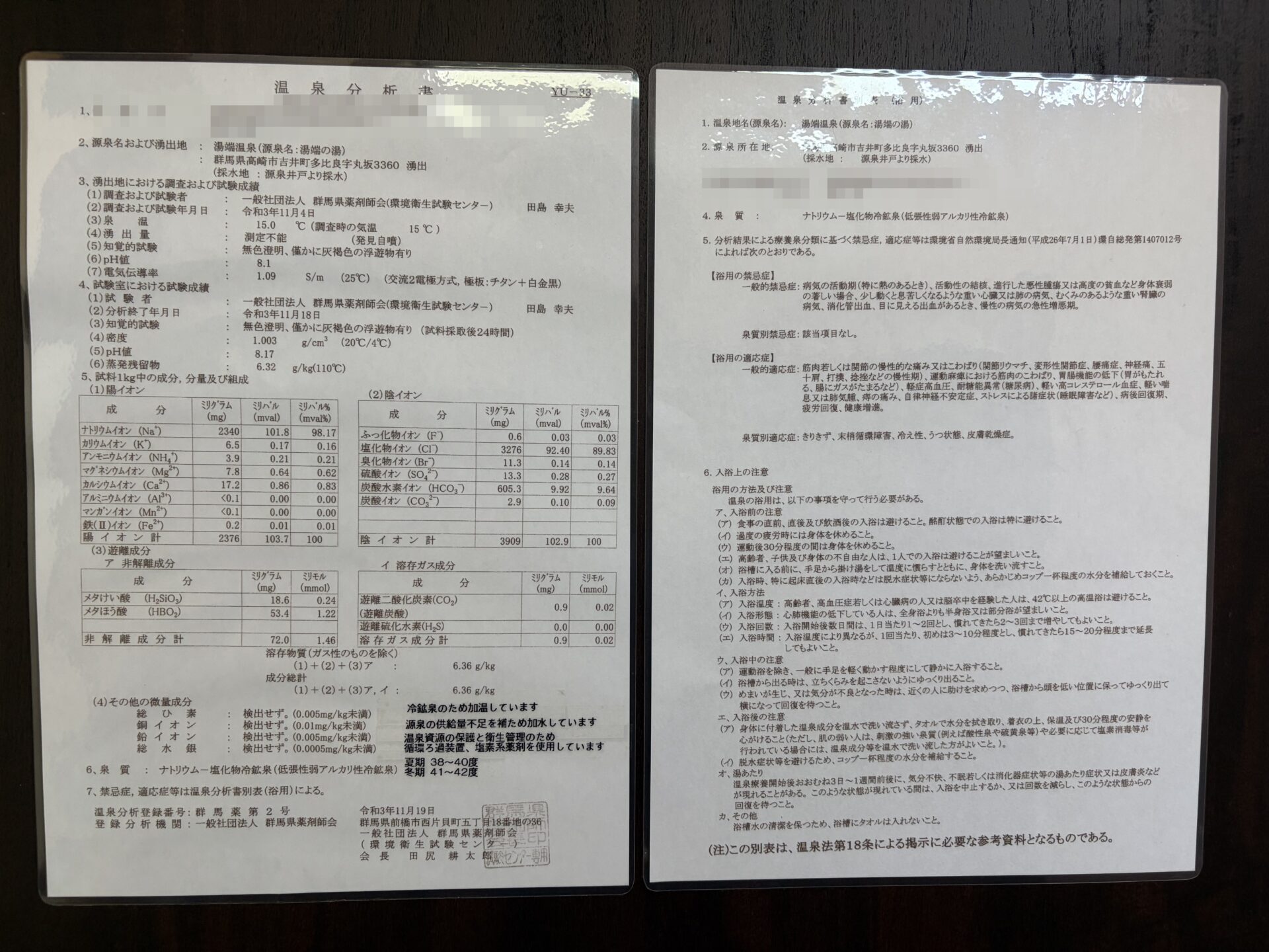 脱衣所に掲示された温泉分析書と別表（浴用）