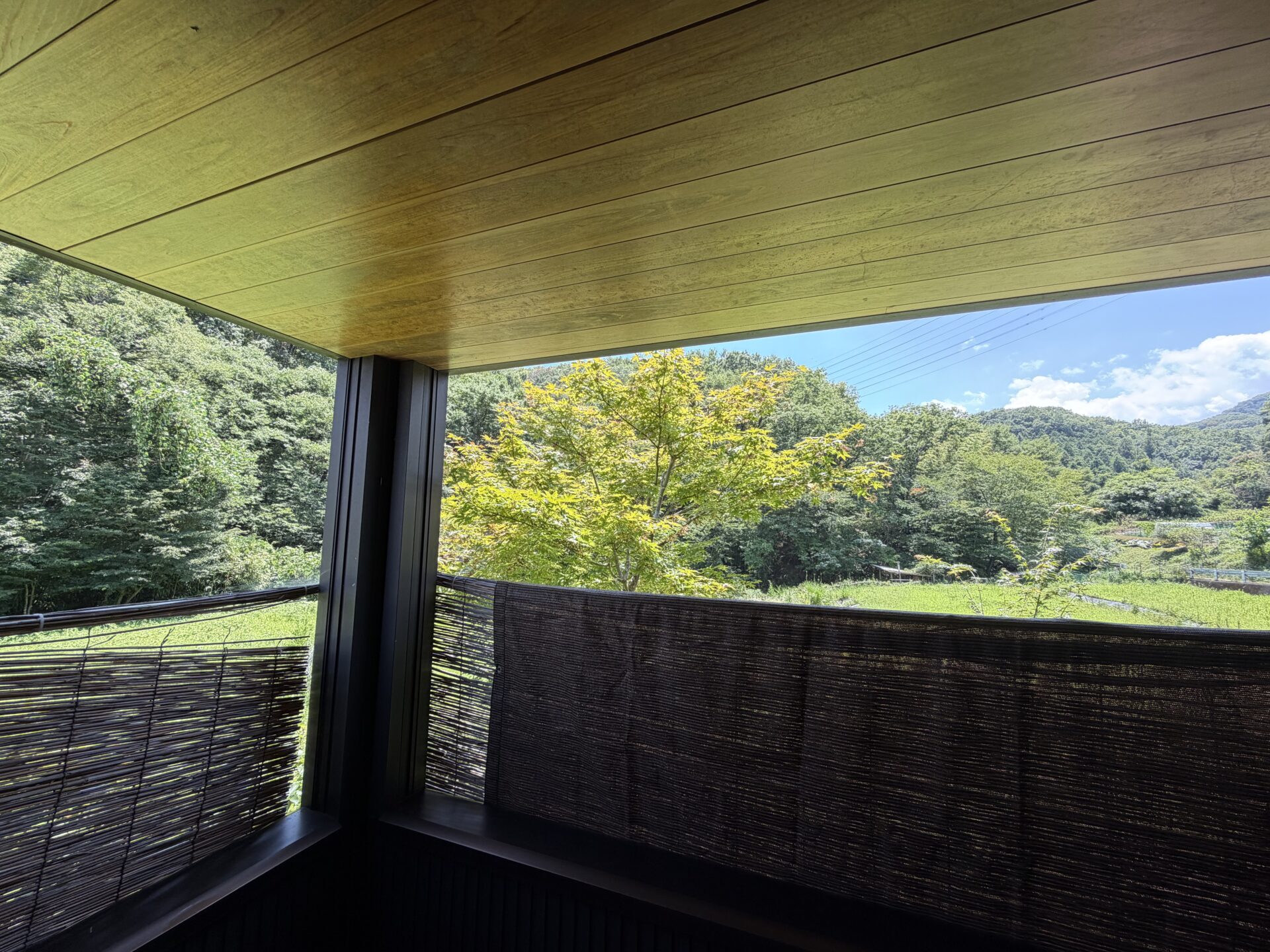 デッキからの眺め。すだれ越しに田畑と山の緑