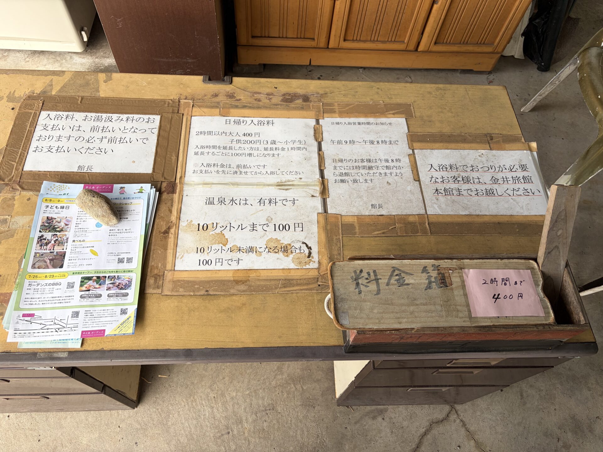 机上の掲示群と料金箱。「2時間まで400円」