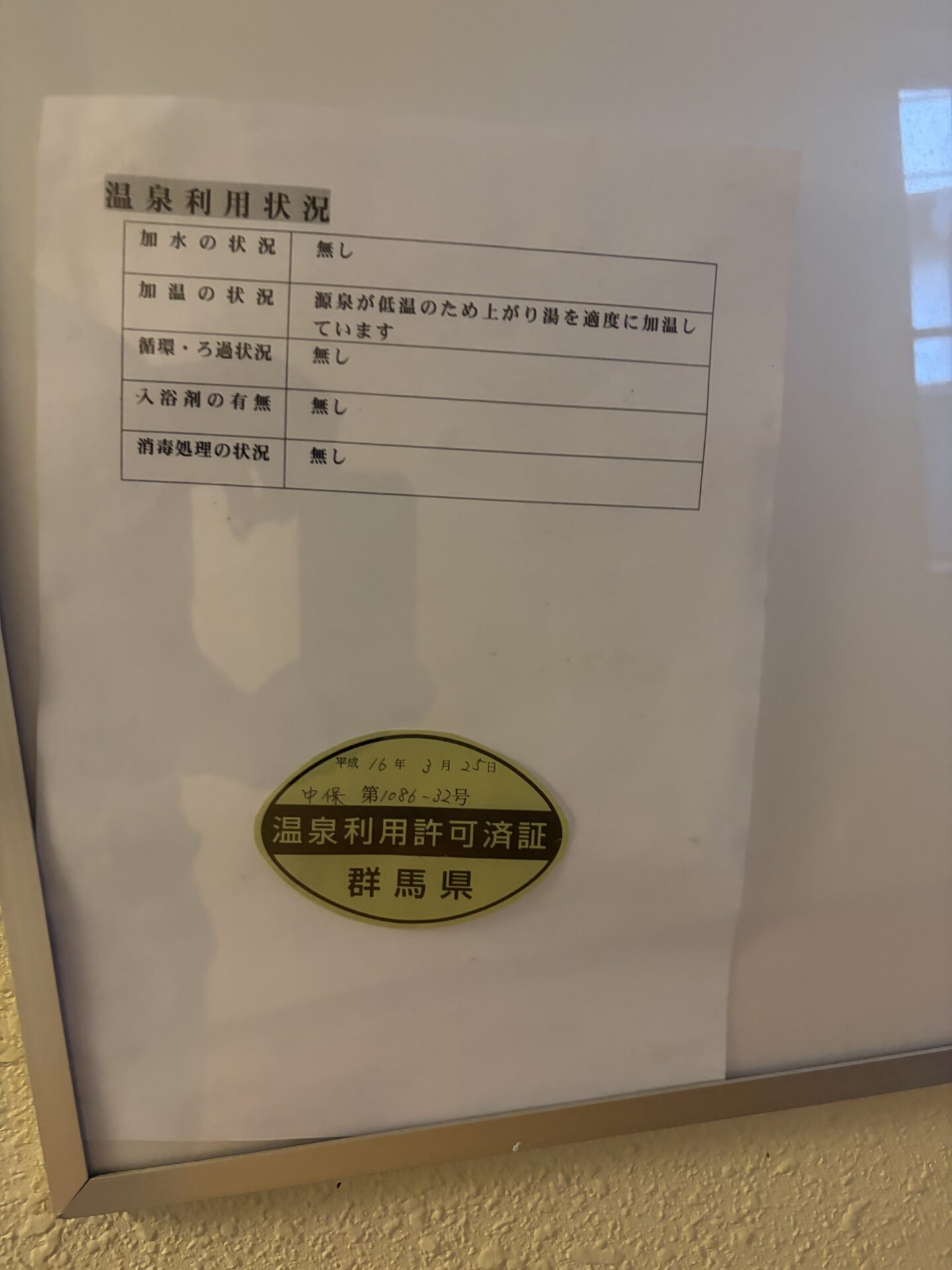 脱衣所の温泉利用状況掲示。「無し」が並ぶ