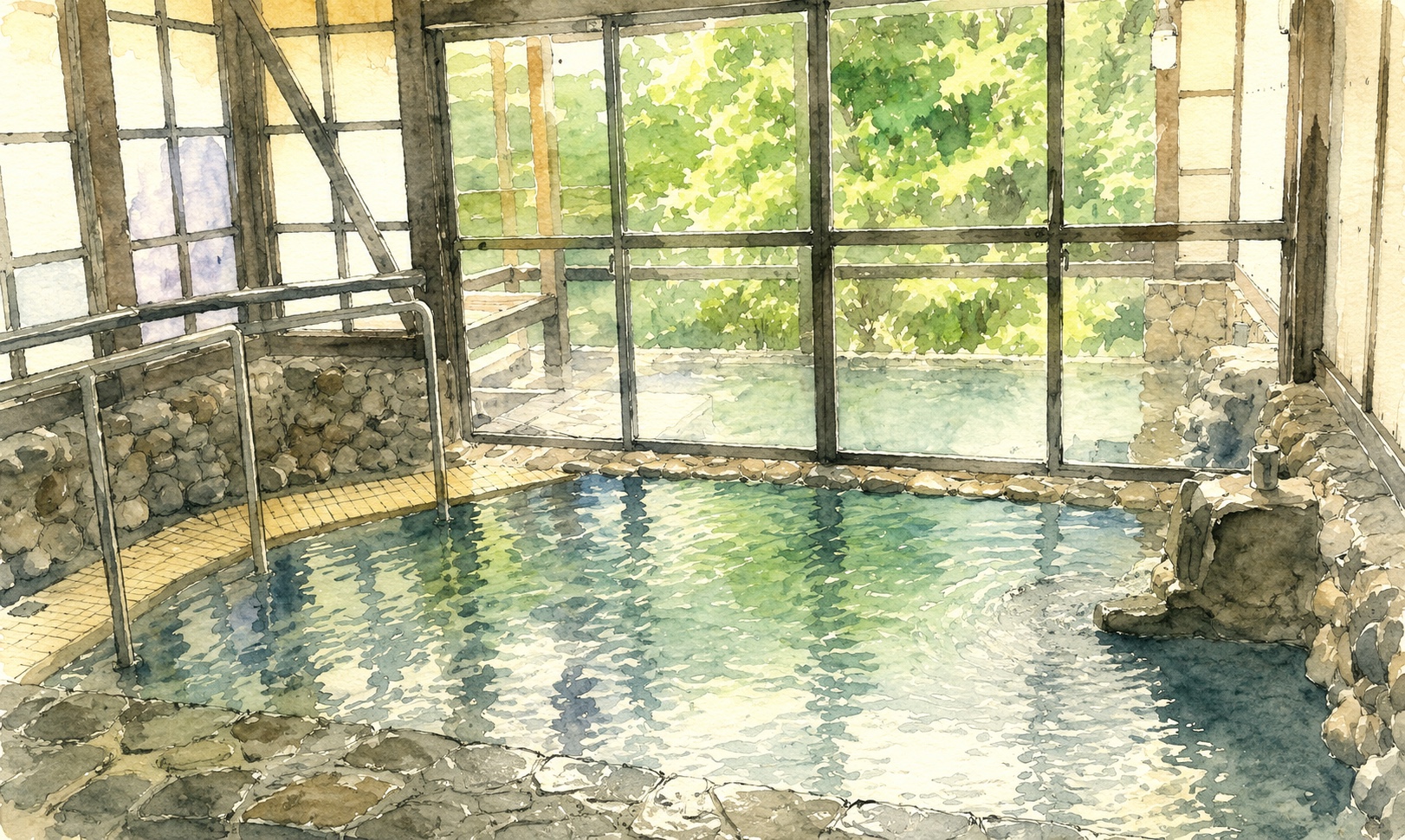 ※AIで描いたイメージイラスト(水彩)。石組みの浴槽と窓の外の緑という、内湯の雰囲気を表したもの。実在の浴室を写したものではありません