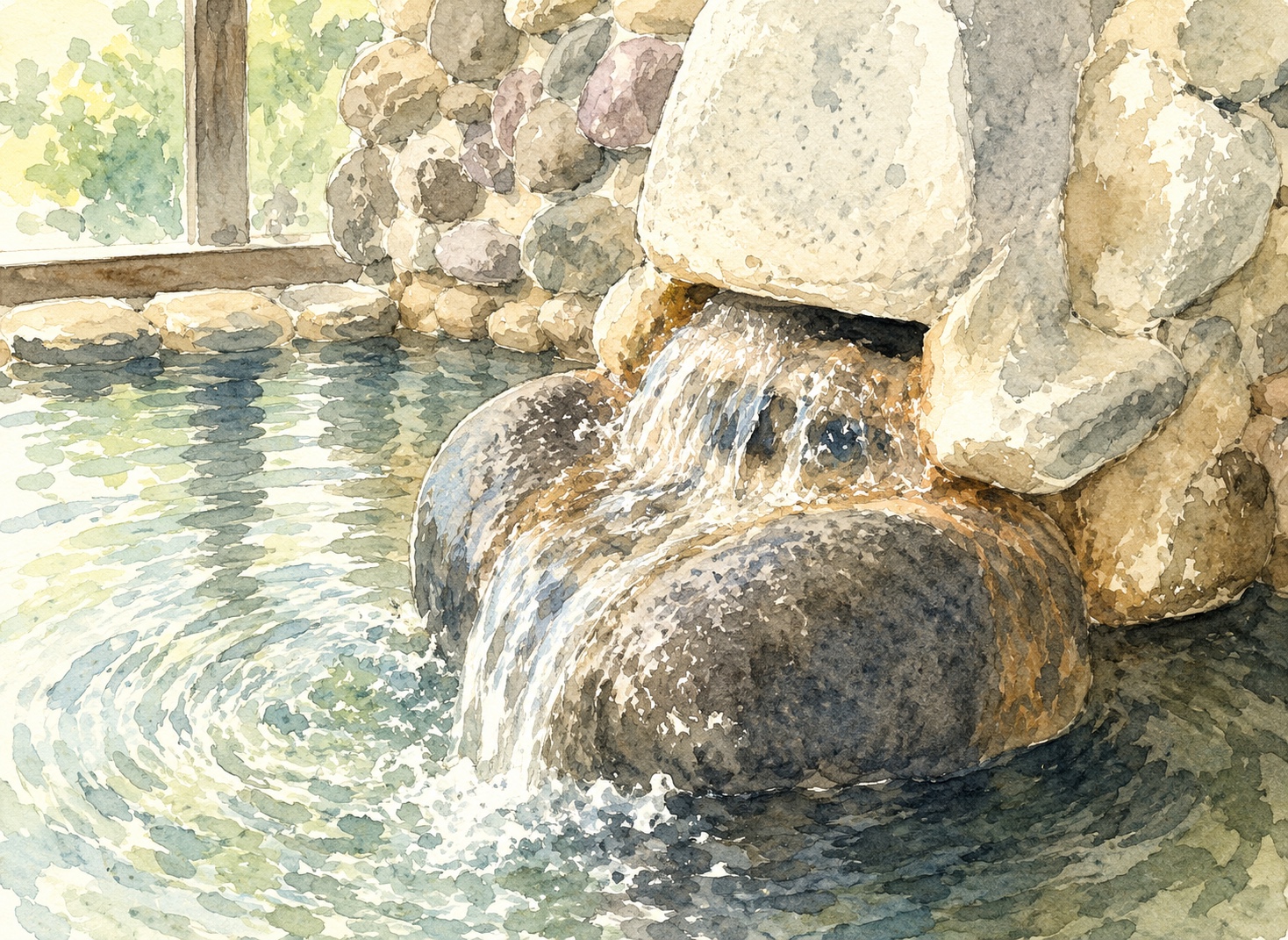※AIで描いたイメージイラスト(水彩)。混雑で浴室内を撮れなかったため、湯口から源泉がドバドバ溢れる雰囲気を表したもの。実在の浴室を写したものではありません