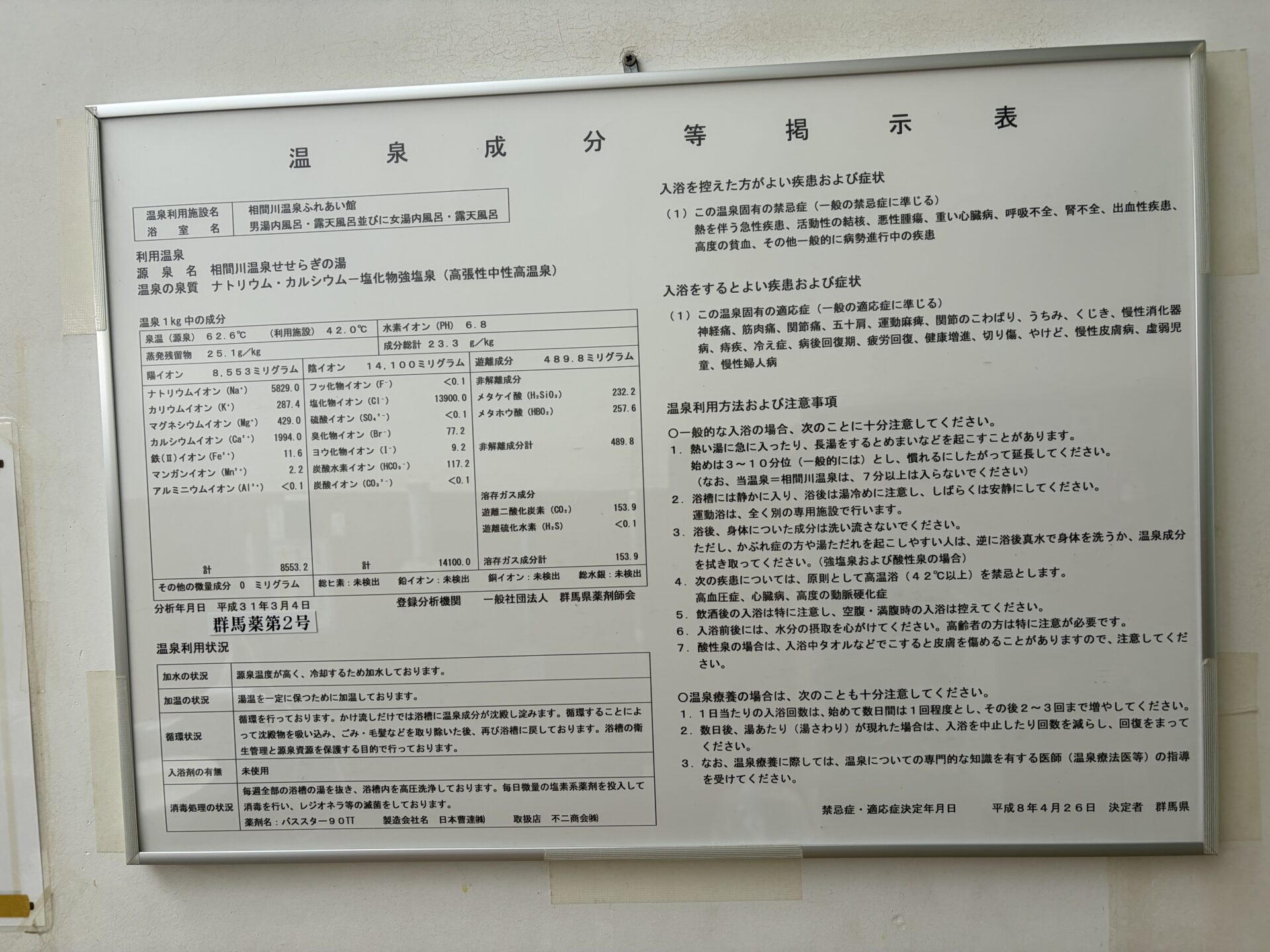 相間川温泉ふれあい館の温泉成分等掲示表。注意事項に「7分以上は入らないでください」とある
