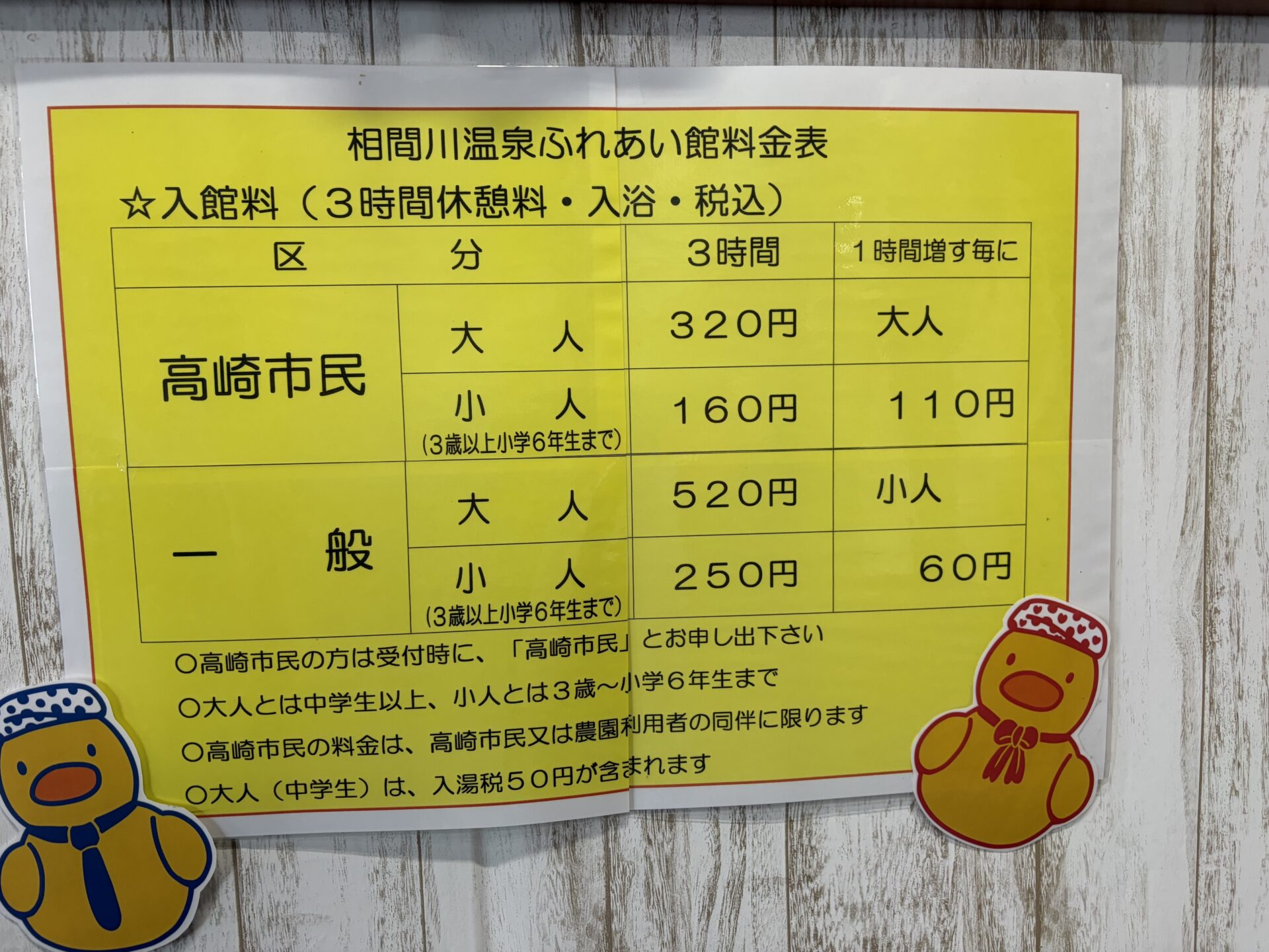 料金表。高崎市民320円・一般520円の二本立て