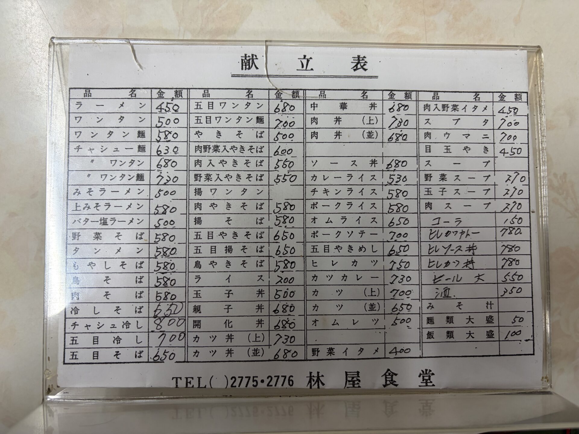 タイプ打ち＋手書き価格の献立表