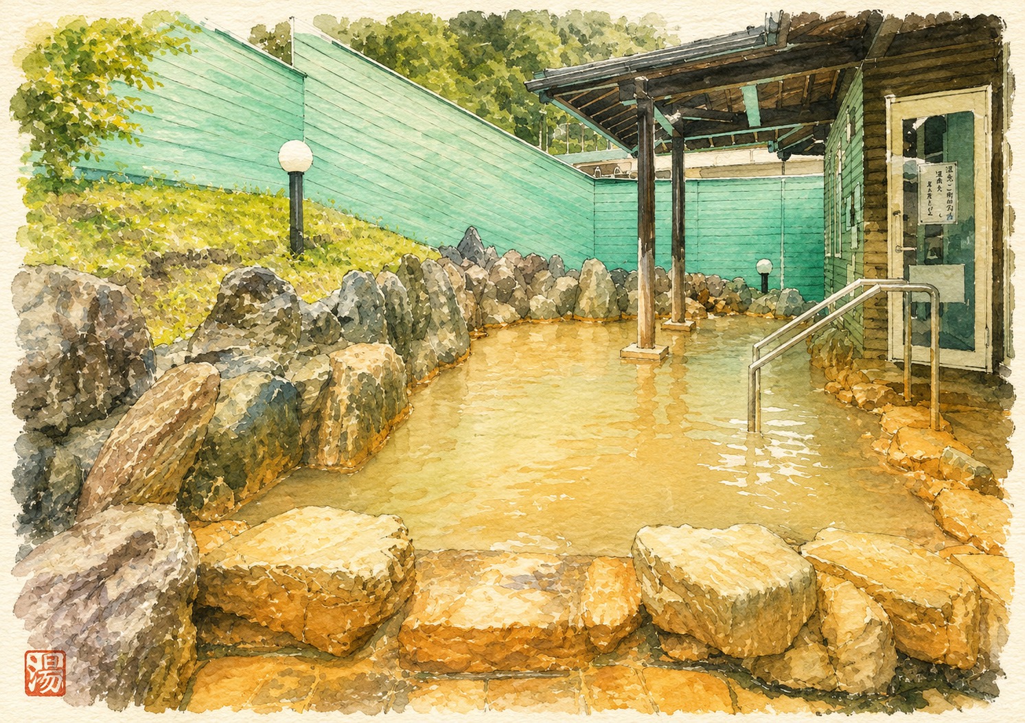 露天風呂のイメージイラスト（撮影禁止のため写真ではありません。実際の浴室とは細部が異なります）
