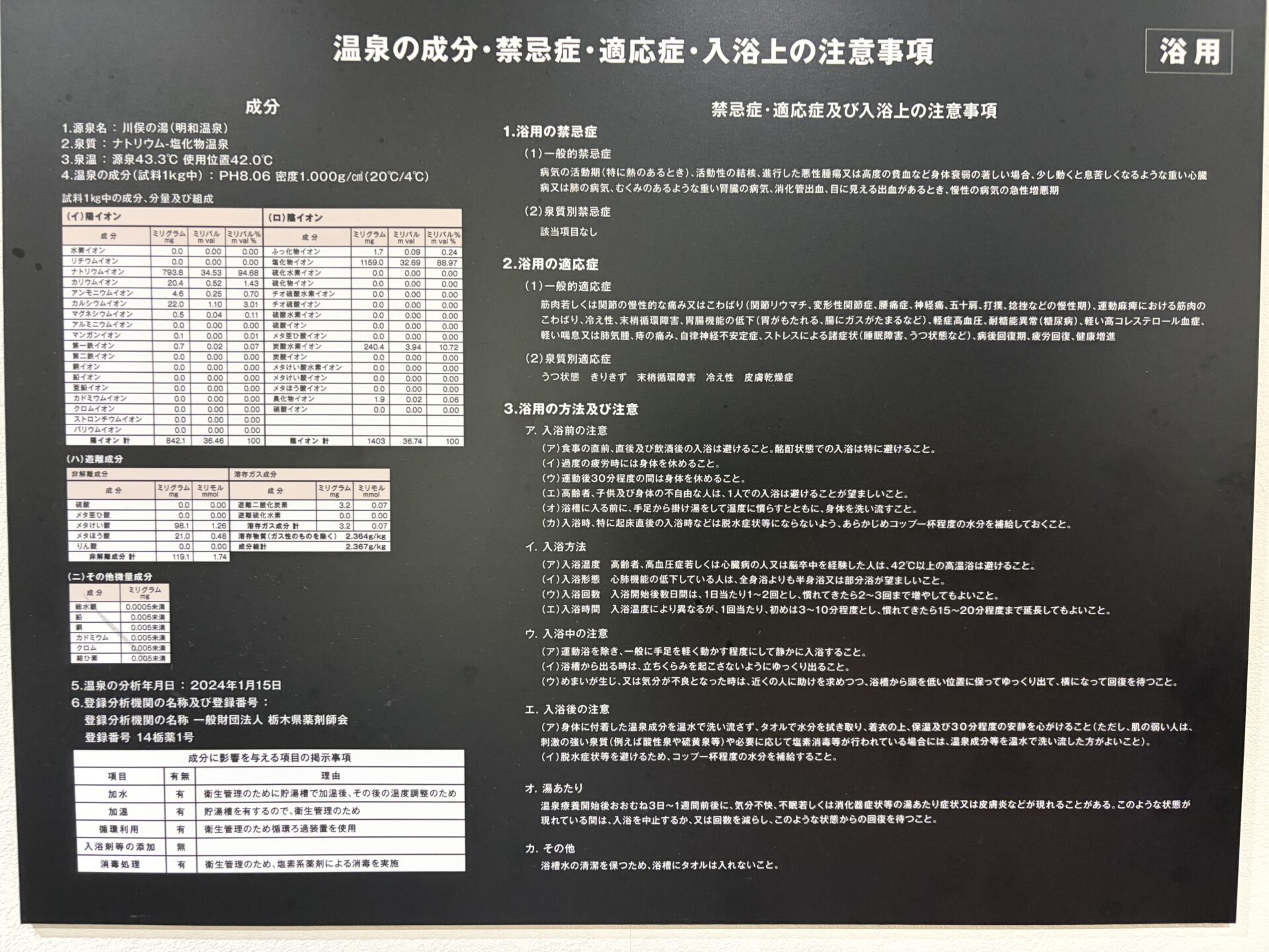 館内の成分掲示板。成分表と「成分に影響を与える項目の掲示事項」