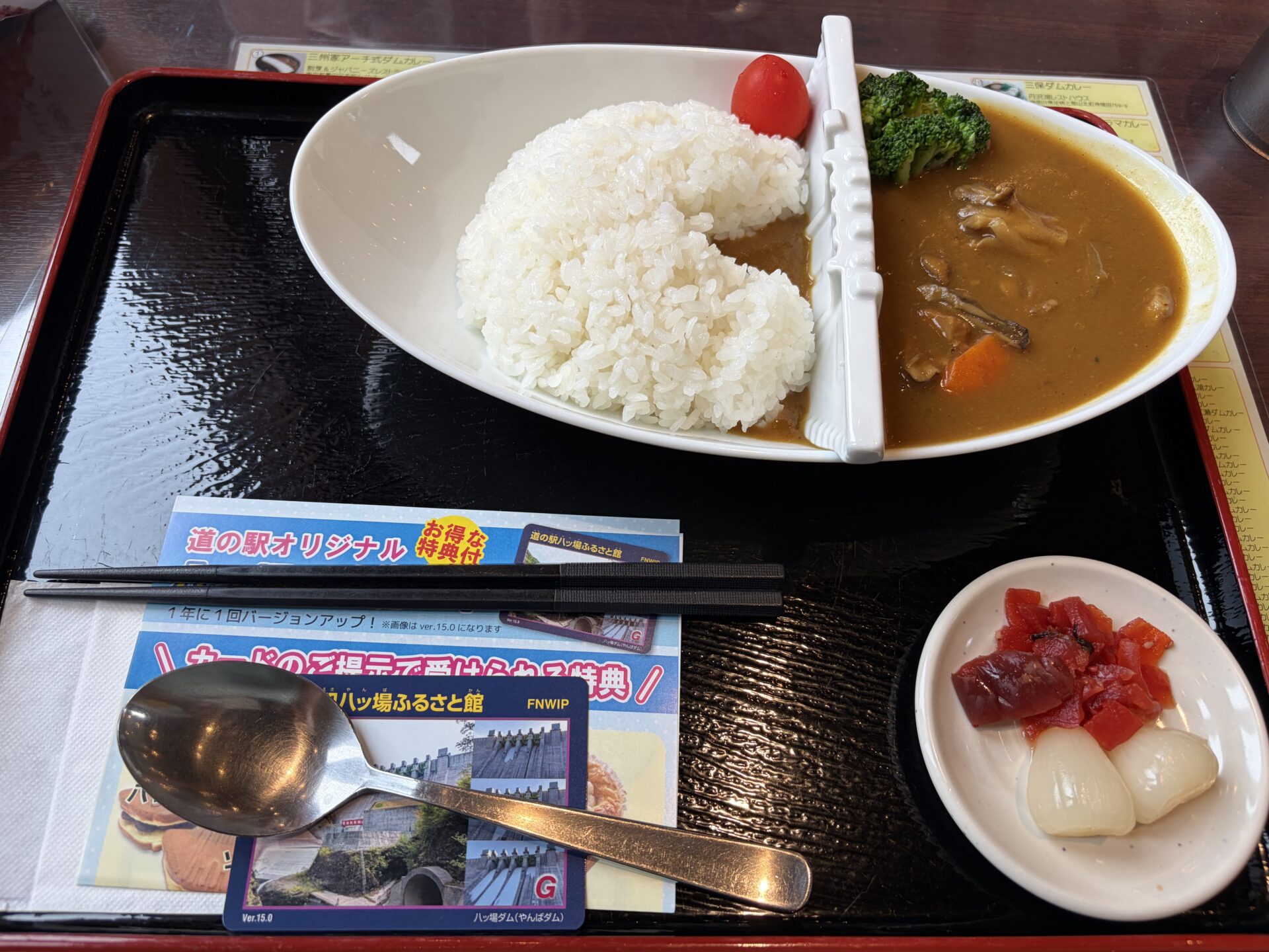 八ッ場ダムカレーの全景。ご飯の堤の下にカレーが溜まり、ダムカードの案内が添えられている
