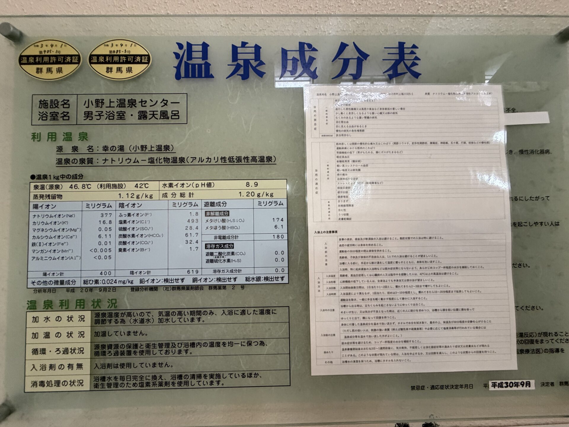 男子浴室・露天風呂の温泉成分表。分析年月日 平成20年9月2日、循環ろ過装置を使用、塩素系薬剤を使用