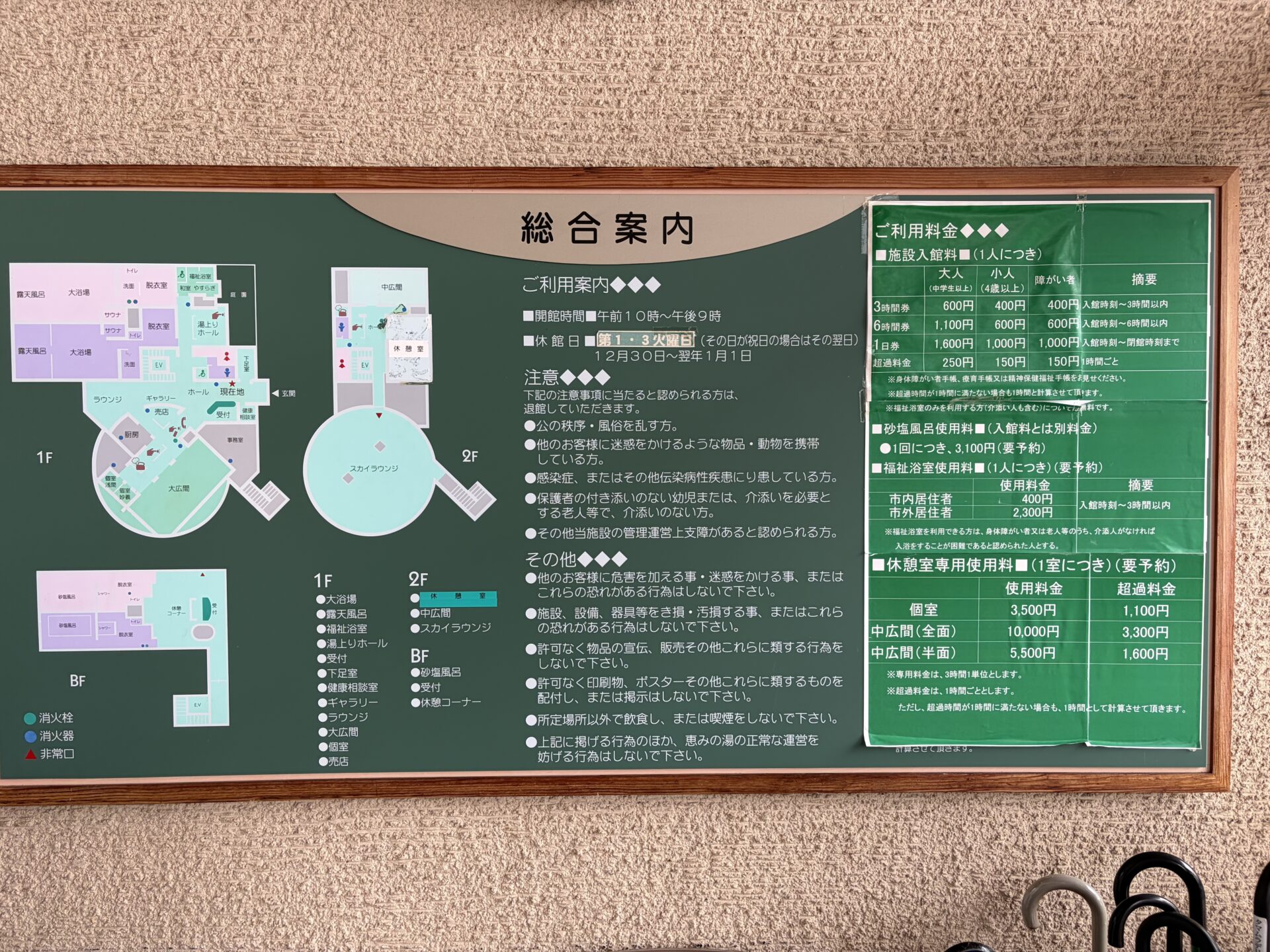 玄関ホールの総合案内。1階に大浴場・露天風呂・大広間・売店、2階に休憩室・中広間・スカイラウンジ、地下に砂塩風呂