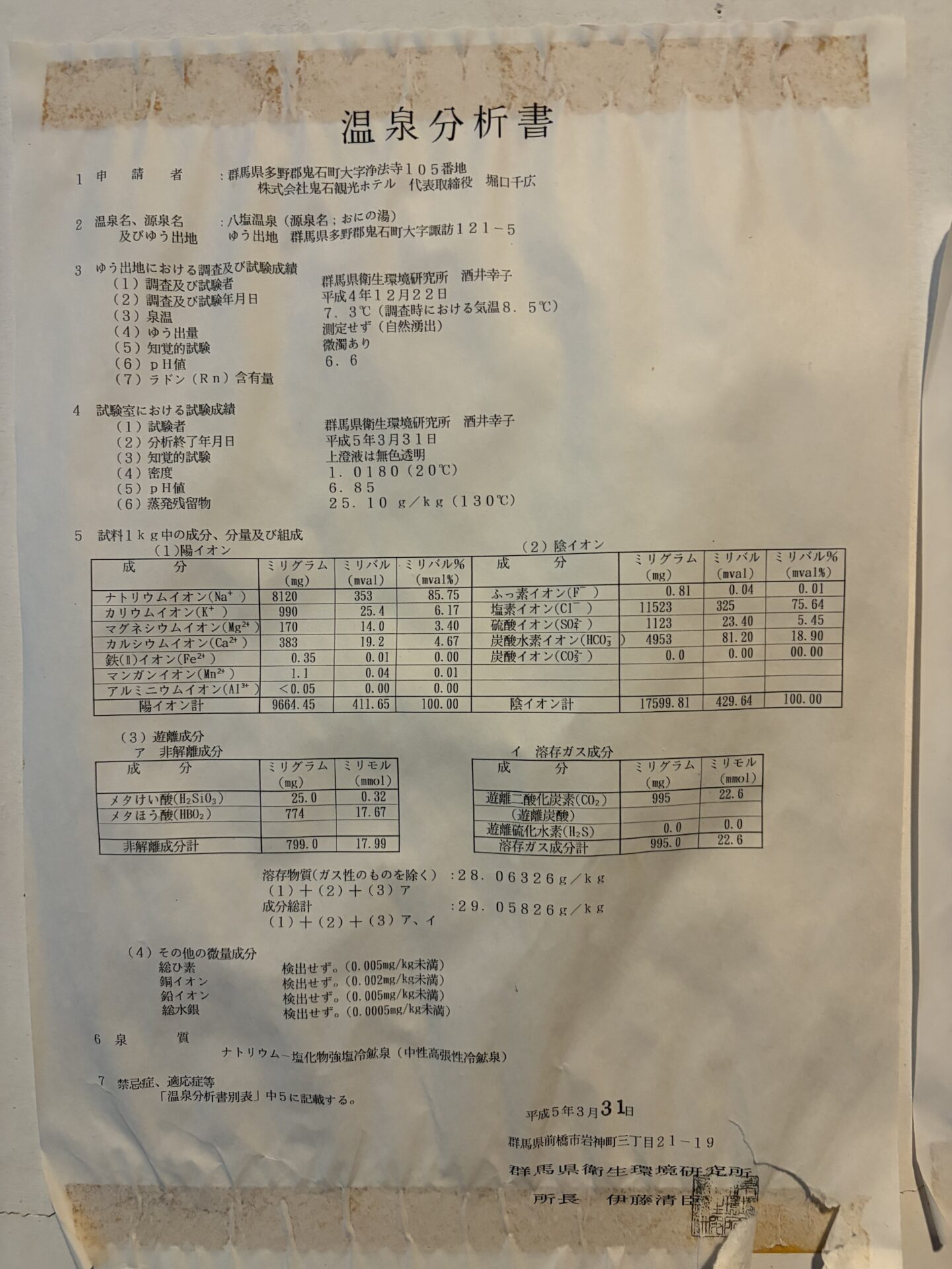 平成5年3月31日分析終了の温泉分析書