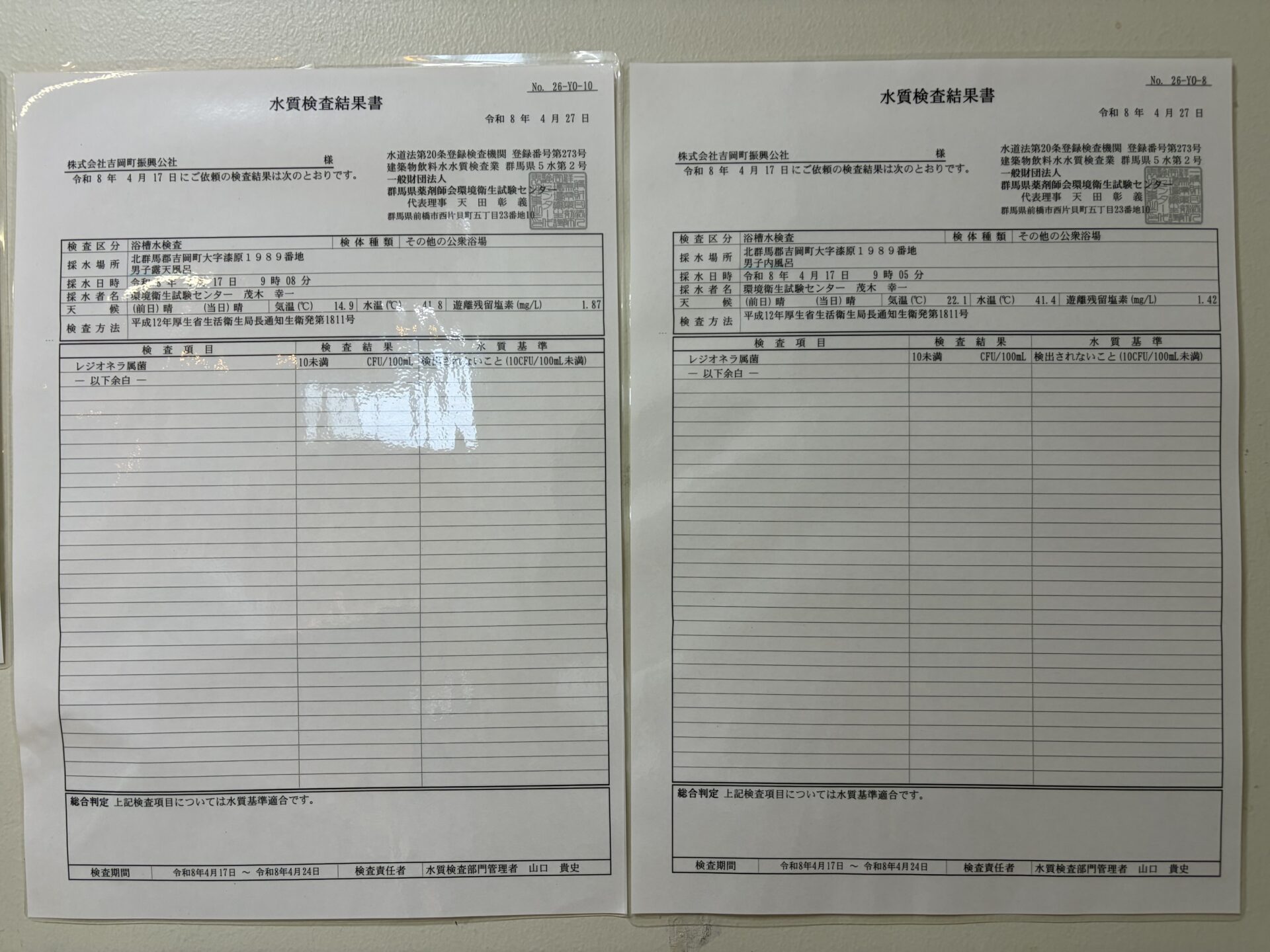 館内に掲示された水質検査結果書。男子露天風呂と男子内風呂の2枚で、レジオネラ属菌は基準内