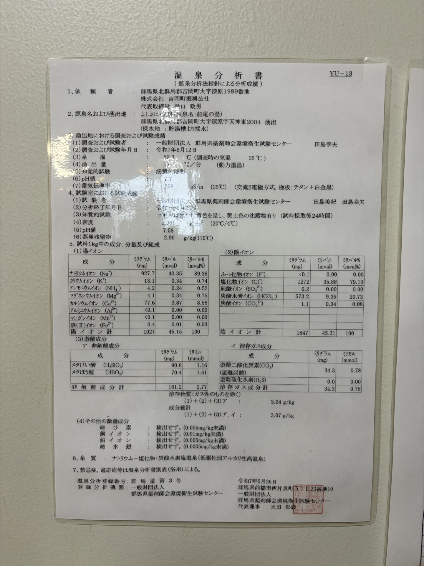 館内に掲示された令和7年版の温泉分析書(群馬県薬剤師会環境衛生試験センター)。泉質はナトリウム-塩化物・炭酸水素塩温泉