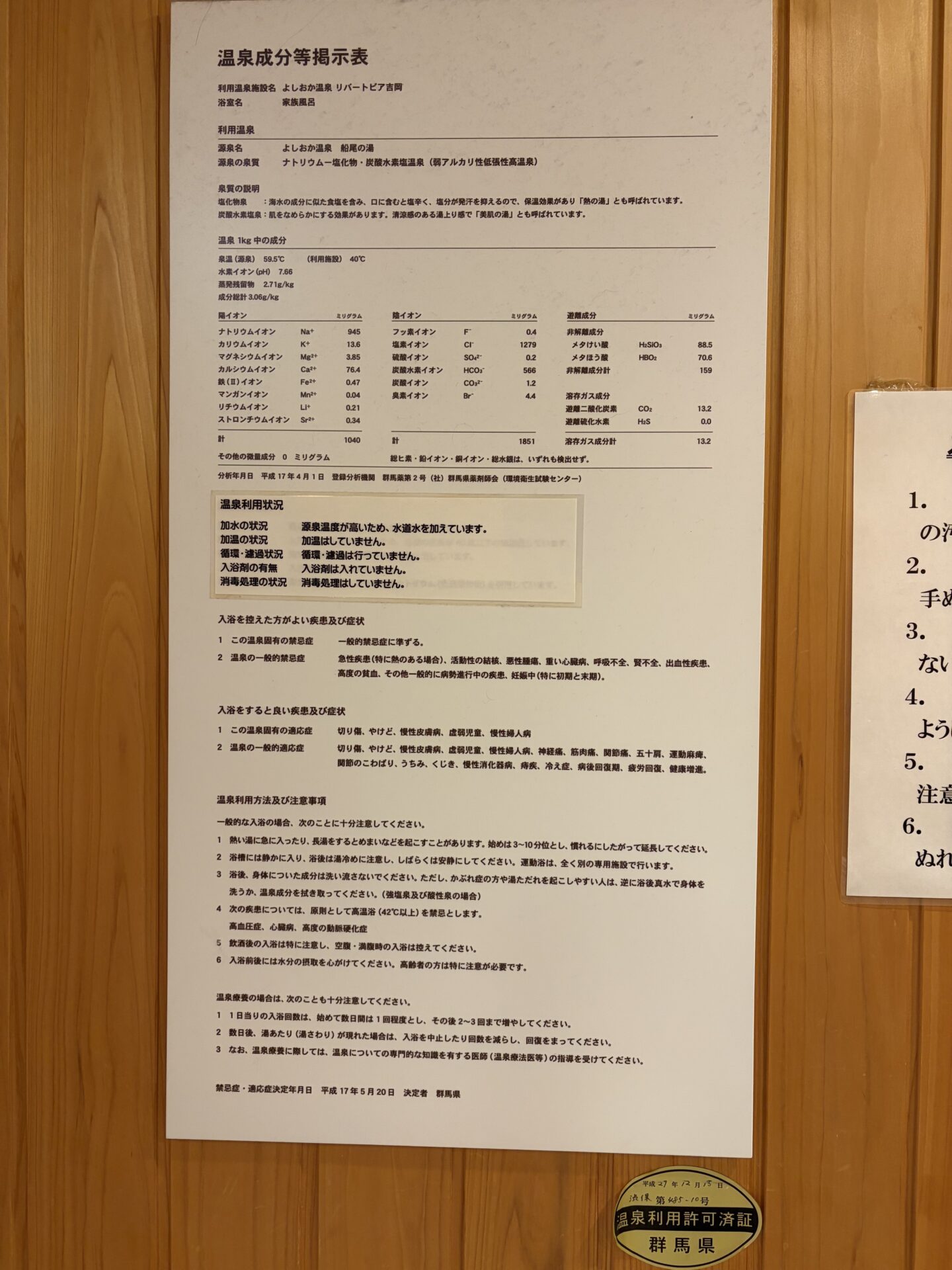 家族風呂「榛名」の温泉成分等掲示表。温泉利用状況の欄だけ上から紙が貼り直され、「加温はしていません」「循環・濾過は行っていません」「消毒処理はしていません」とある