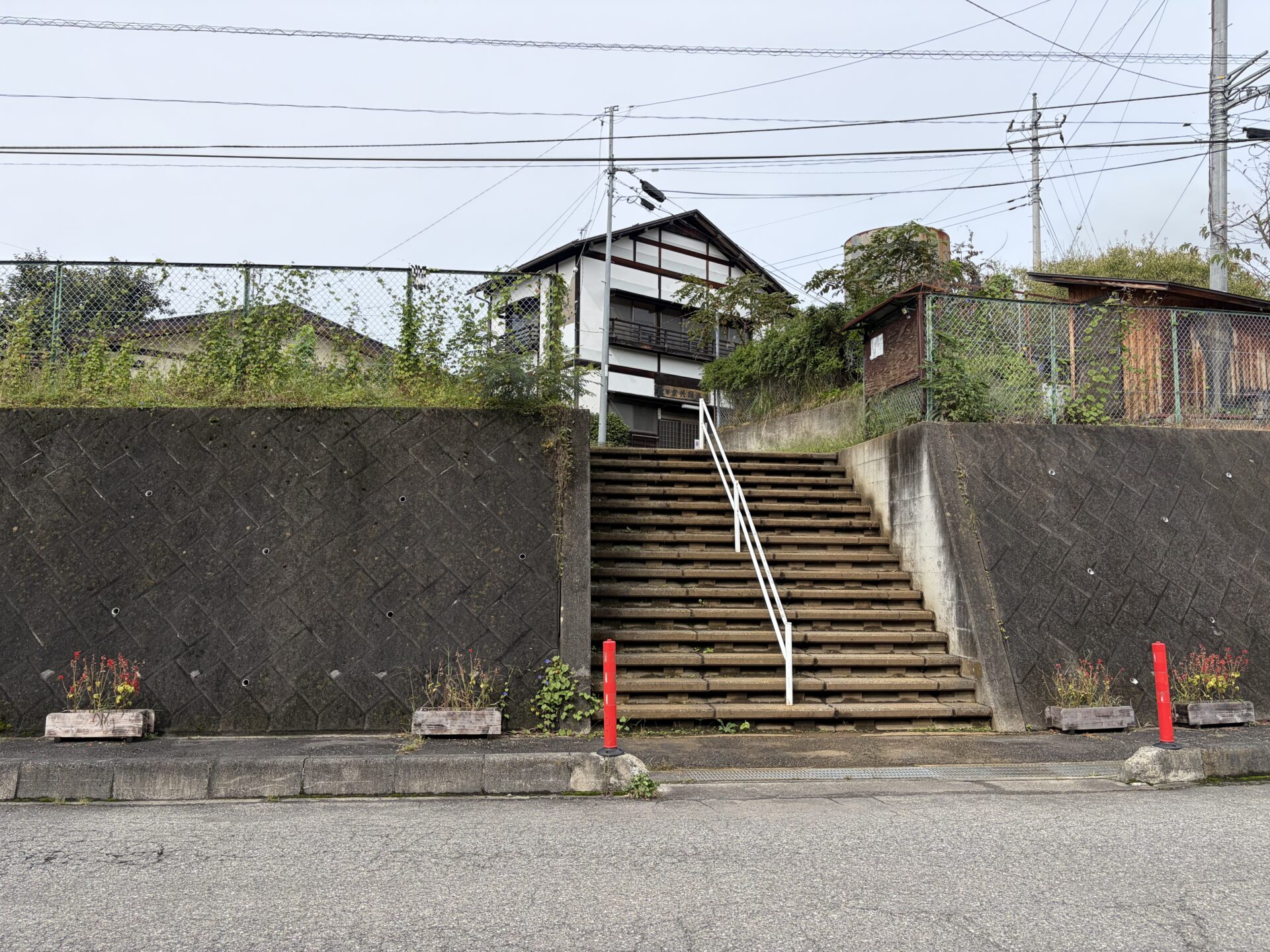 道路から石段を上がった先に建物。石段の両脇に低木