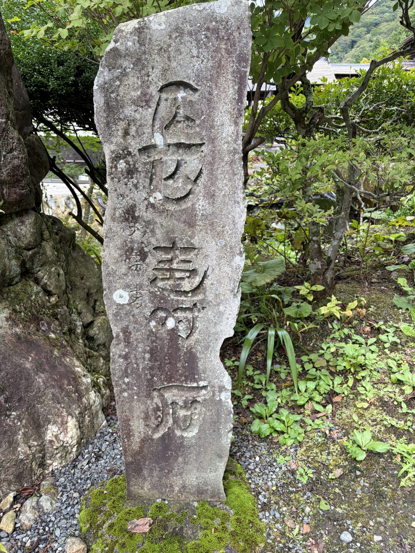 駐車場脇に立つ石碑。奥に杉木立