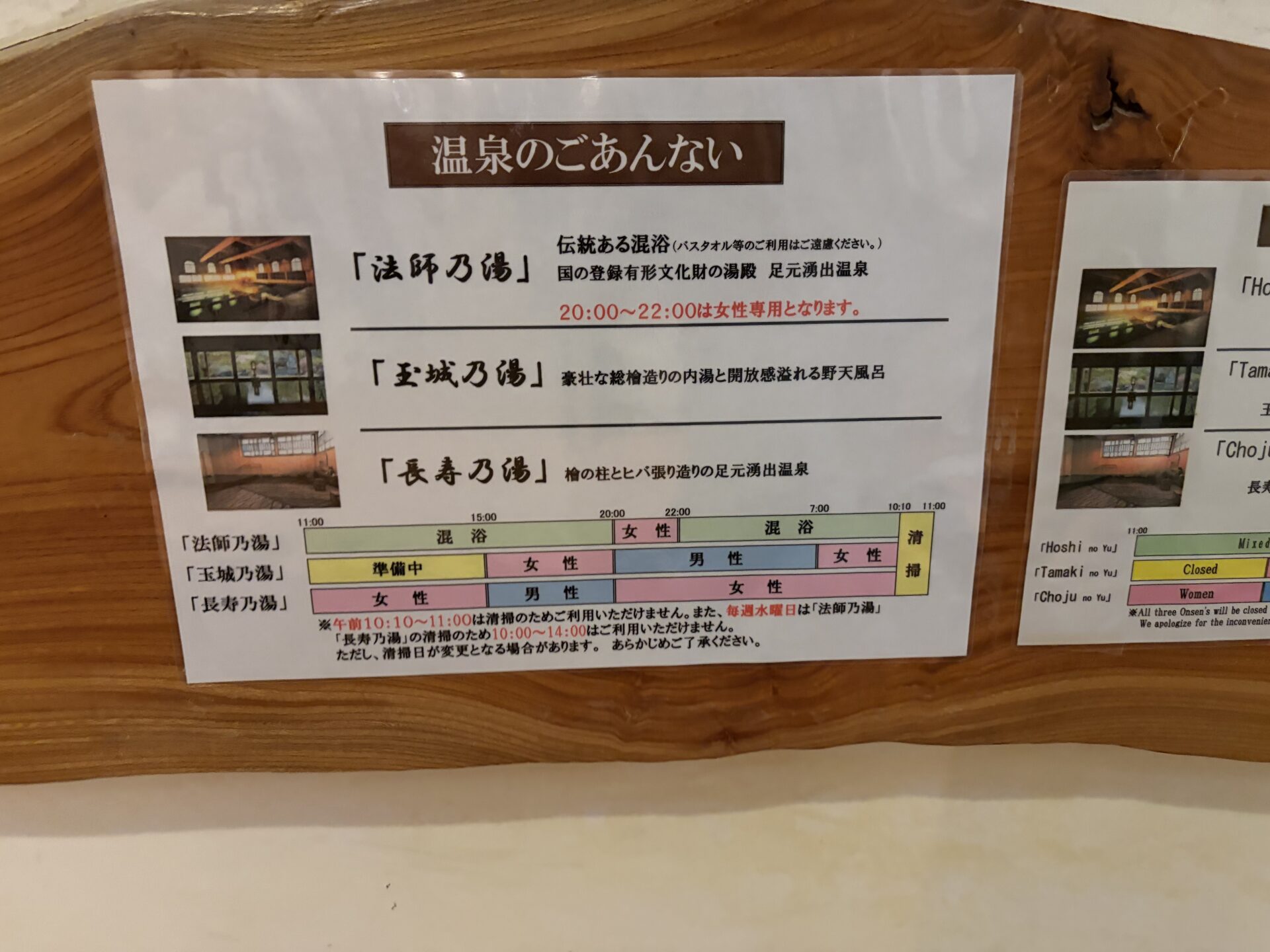 浴室の時間割。法師乃湯は11:00〜20:00混浴・20:00〜22:00女性専用、玉城乃湯と長寿乃湯は時間帯で男女が切り替わる