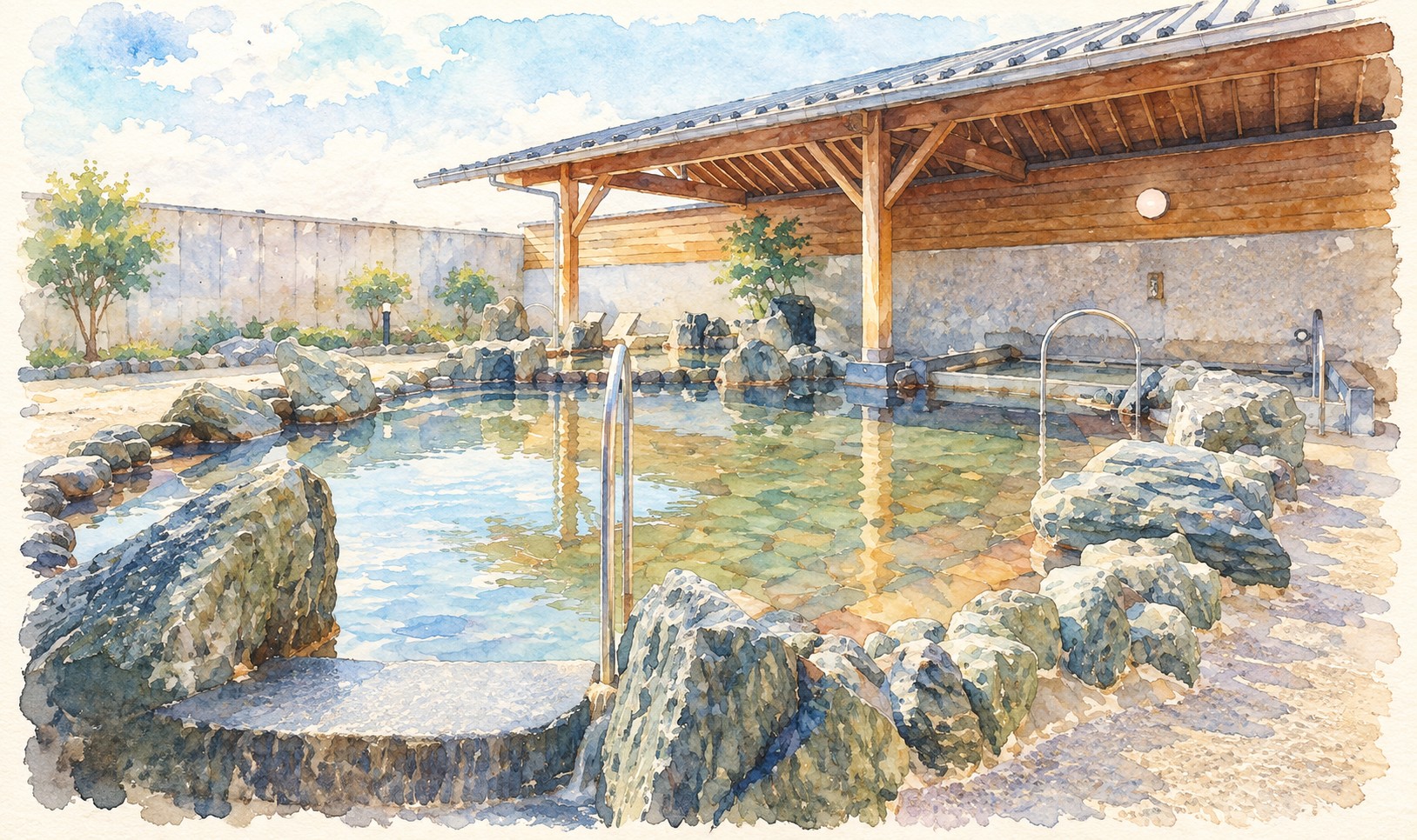 露天風呂のイメージイラスト(記憶をもとに描いた図で、実際の浴槽配置とは異なります)。岩組みの浴槽と屋根付きの休憩スペース