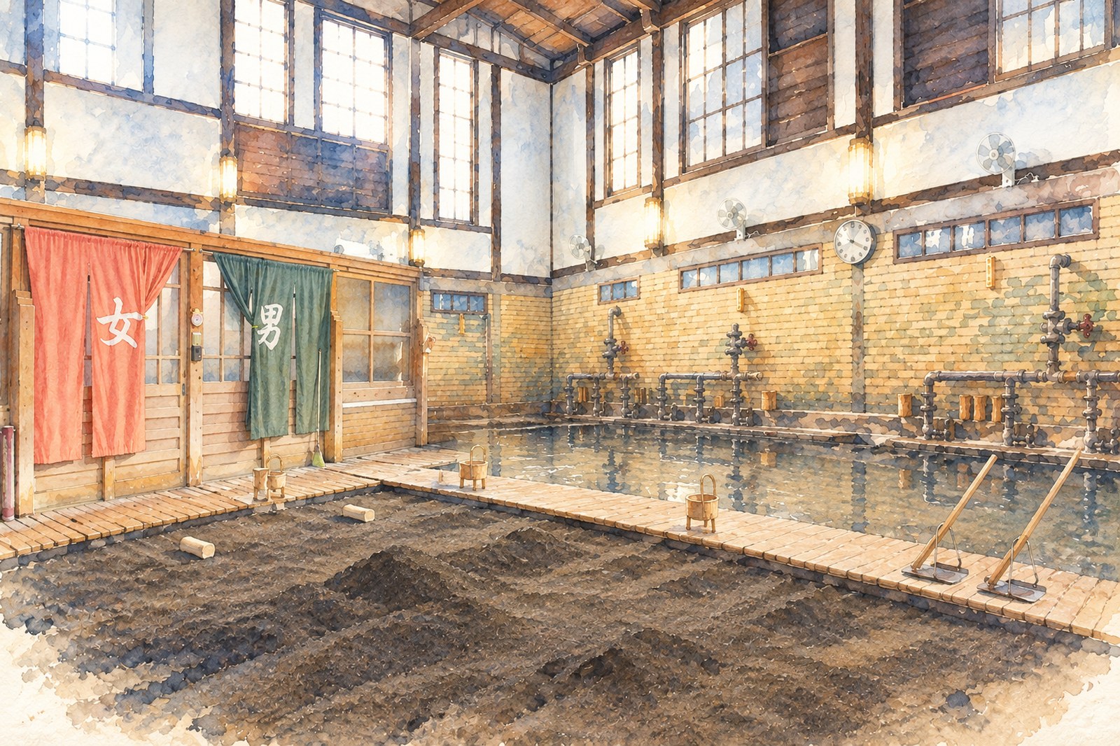 砂湯のイメージイラスト。砂の床と湯船が並ぶ木造の浴場(AI生成の非フォトリアル画。実在の施設ではない)
