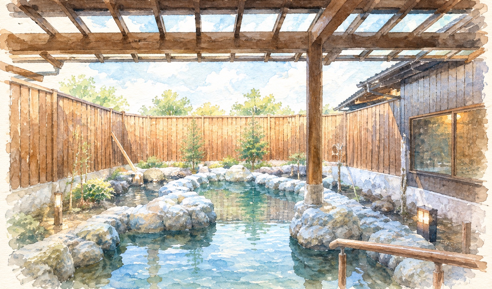 露天岩風呂のイメージイラスト（実際の湯はやや茶色で、絵の色とは異なる）