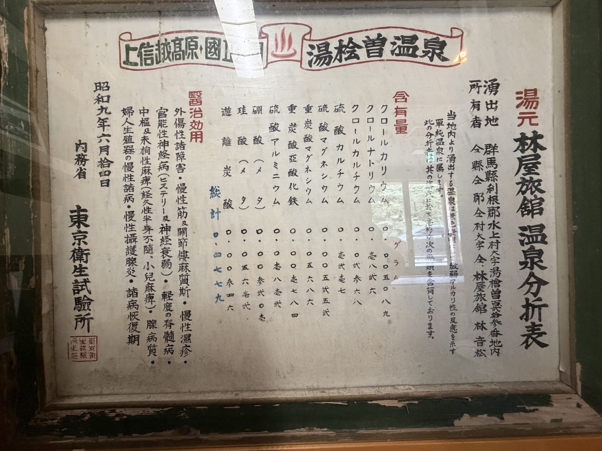 昭和9年の「湯元 林屋旅館 温泉分析表」